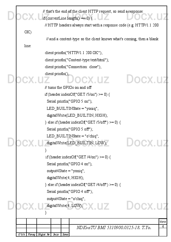 // that's the end of the client HTTP request, so send a response:
          if (currentLine.length() == 0) {
            // HTTP headers always start with a response code (e.g. HTTP/1.1 200
OK)
            // and a content-type so the client knows what's coming, then a blank
line:
            client.println("HTTP/1.1 200 OK");
            client.println("Content-type:text/html");
            client.println("Connection: close");
            client.println();
            
            // turns the GPIOs on and off
            if (header.indexOf("GET /5/on") >= 0) {
              Serial.println("GPIO 5 on");
              LED_BUILTINState = "yoniq";
              digitalWrite(LED_BUILTIN, HIGH);
            } else if (header.indexOf("GET /5/off") >= 0) {
              Serial.println("GPIO 5 off");
              LED_BUILTINState = "o'chiq";
              digitalWrite(LED_BUILTIN, LOW);
            } 
             if (header.indexOf("GET /4/on") >= 0) {
              Serial.println("GPIO 4 on");
              output4State = "yoniq";
              digitalWrite(4, HIGH);
            } else if (header.indexOf("GET /4/off") >= 0) {
              Serial.println("GPIO 4 off");
              output4State = "o'chiq";
              digitalWrite(4, LOW);
            } 
NDKvaTU BMI  5310900.0325- 18.  T.Yo. Vara
q
O ’ lch Varaq Hujjat   № Imzo Sana