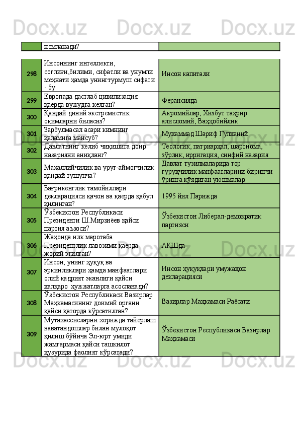 номланади?
298 Инсоннинг интеллекти, 
соғлиғи,билими, сифатли ва унумли 
меҳнати   ҳамда   унингтурмуш   сифати
-   бу Инсон   капитали
299 Европада   дастлаб   цивилизация 
қаерда вужудга келган? Ферансияда
300 Қандай   диний   экстремистик 
оқимларни биласиз? Акромийлар,   Хизбут   таҳрир 
алисломий, Ваҳҳобийлик
301 Зарбулмасал   асари   кимнинг 
қаламига мансуб? Мухаммад   Шариф   Гулханий
302 Давлатнинг   келиб   чиқишига   доир 
назарияни аниқланг? Теологик, патриарҳал, шартнома, 
зўрлик,   ирригация,   синфий   назария
303 Маҳаллийчилик   ва   уруғ-аймоғчилик 
қандай тушунча? Давлат   тузилмаларида  тор
гуруҳчилик   манфаатларини   биринчи 
ўринга қўядиган уюшмалар
304 Бағрикенглик тамойиллари 
декларацияси   қачон   ва   қаерда   қабул
қилинган? 1995   йил   Парижда
305 Ўзбекистон Республикаси 
Президенти   Ш.Мирзиёев   қайси 
партия аъзоси? Ўзбекистон   Либерал-демократик 
партияси
306 Жаҳонда илк маротаба 
Президентлик   лавозими   қаерда 
жорий этилган? АҚШда
307 Инсон,   унинг   ҳуқуқ   ва  
эркинликлари ҳамда манфаатлари 
олий қадрият эканлиги қайси 
халқаро   ҳужжатларга асосланади? Инсон   ҳуқуқлари   умужаҳон 
декларацияси
308 Ўзбекистон   Республикаси   Вазирлар
Маҳкамасининг доимий органи 
қайси қаторда кўрсатилган? Вазирлар   Маҳкамаси   Раёсати
309 Мутахассисларни   хорижда   тайёрлаш
ваватандошлар билан мулоқот 
қилиш бўйича Эл-юрт умиди
жамғармаси қайси ташкилот 
ҳузурида   фаолият   кўрсатади? Ўзбекистон   Республикаси   Вазирлар 
Маҳкамаси 