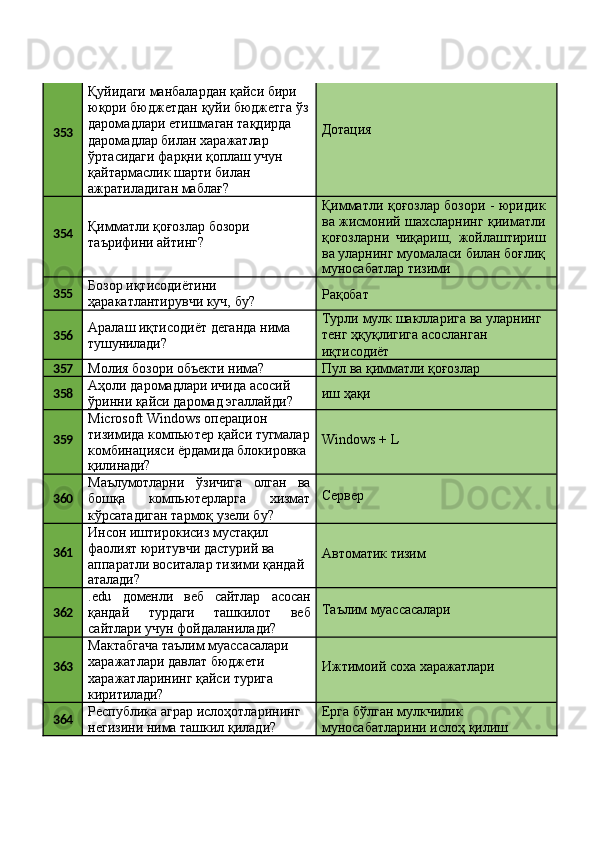 353 Қуйидаги манбалардан қайси бири 
юқори   бюджетдан   қуйи   бюджетга   ўз 
даромадлари етишмаган тақдирда 
даромадлар билан харажатлар 
ўртасидаги фарқни қоплаш учун
қайтармаслик   шарти   билан 
ажратиладиган маблағ? Дотация
354 Қимматли   қоғозлар   бозори 
таърифини айтинг? Қимматли қоғозлар бозори - юридик
ва жисмоний шахсларнинг қииматли
қоғозларни   чиқариш,   жойлаштириш
ва   уларнинг   муомаласи   билан   боғлиқ
муносабатлар   тизими
355 Бозор иқтисодиётини 
ҳаракатлантирувчи   куч,   бу? Рақобат
356 Аралаш   иқтисодиёт   деганда   нима 
тушунилади? Турли   мулк   шаклларига   ва   уларнинг 
тенг ҳқуқлигига асосланган 
иқтисодиёт
357
Молия   бозори   объекти   нима? Пул   ва   қимматли   қоғозлар
358 Аҳоли даромадлари ичида асосий 
ўринни   қайси   даромад   эгаллайди? иш  ҳақи
359 Microsoft Windows операцион 
тизимида   компьютер   қайси   тугмалар 
комбинацияси ёрдамида блокировка
қилинади? Windows   +   L
360 Маълумотларни ўзичига олган ва
бошқа компьютерларга хизмат
кўрсатадиган тармоқ узели бу? Сервер
361 Инсон иштирокисиз мустақил 
фаолият юритувчи дастурий ва 
аппаратли   воситалар   тизими   қандай
аталади? Автоматик   тизим
362 .edu доменли веб сайтлар асосан
қандай турдаги ташкилот веб
сайтлари учун фойдаланилади? Таълим   муассасалари
363 Мактабгача   таълим   муассасалари 
харажатлари давлат бюджети 
харажатларининг қайси турига 
киритилади? Ижтимоий   соха   харажатлари
364 Республика   аграр   ислоҳотларининг 
негизини нима ташкил қилади? Ерга бўлган мулкчилик 
муносабатларини   ислоҳ   қилиш 