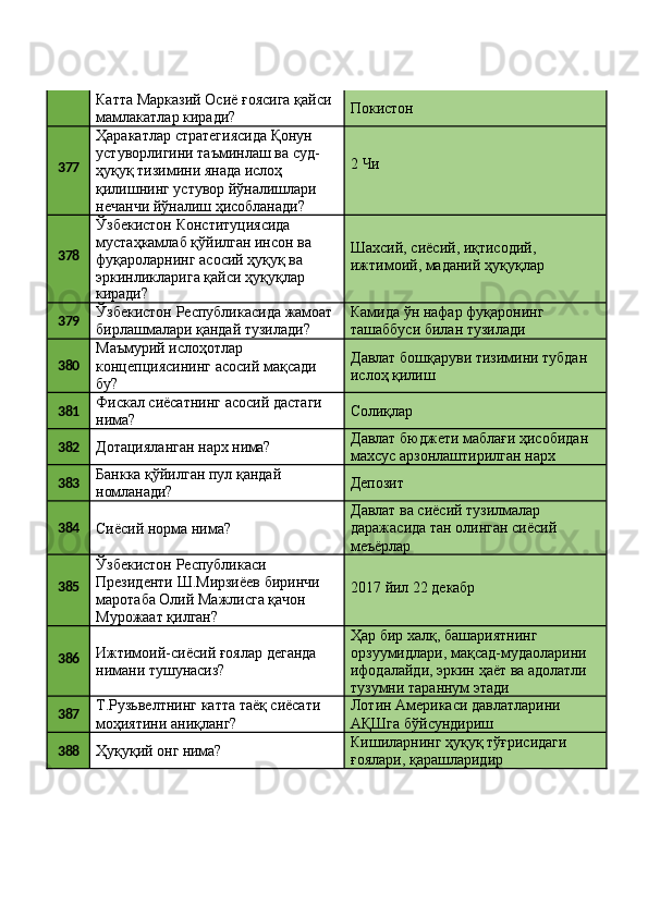 Катта   Марказий   Осиё   ғоясига   қайси 
мамлакатлар киради? Покистон
377 Ҳаракатлар стратегиясида Қонун 
устуворлигини   таъминлаш   ва   суд-
ҳуқуқ тизимини янада ислоҳ 
қилишнинг устувор йўналишлари
нечанчи йўналиш ҳисобланади? 2   Чи
378 Ўзбекистон Конституциясида 
мустаҳкамлаб   қўйилган   инсон   ва 
фуқароларнинг асосий ҳуқуқ ва 
эркинликларига қайси ҳуқуқлар
киради? Шахсий, сиёсий, иқтисодий, 
ижтимоий,   маданий   ҳуқуқлар
379 Ўзбекистон   Республикасида   жамоат 
бирлашмалари қандай тузилади? Камида   ўн   нафар   фуқаронинг 
ташаббуси билан тузилади
380 Маъмурий ислоҳотлар 
концепциясининг   асосий   мақсади 
бу? Давлат   бошқаруви   тизимини   тубдан 
ислоҳ қилиш
381 Фискал   сиёсатнинг   асосий   дастаги 
нима? Солиқлар
382
Дотацияланган   нарх   нима? Давлат   бюджети   маблағи   ҳисобидан 
махсус арзонлаштирилган нарх
383 Банкка   қўйилган   пул   қандай 
номланади? Депозит
384
Сиёсий   норма   нима? Давлат ва сиёсий тузилмалар 
даражасида   тан   олинган   сиёсий 
меъёрлар
385 Ўзбекистон Республикаси 
Президенти   Ш.Мирзиёев   биринчи 
маротаба Олий Мажлисга қачон 
Мурожаат қилган? 2017   йил   22   декабр
386 Ижтимоий-сиёсий   ғоялар   деганда 
нимани тушунасиз? Ҳар бир халқ, башариятнинг 
орзуумидлари,   мақсад-мудаоларини 
ифодалайди,   эркин   ҳаёт   ва   адолатли
тузумни   тараннум   этади
387 Т.Рузьвелтнинг   катта   таёқ   сиёсати 
моҳиятини аниқланг? Лотин   Америкаси   давлатларини 
АҚШга бўйсундириш
388
Ҳуқуқий   онг  нима? Кишиларнинг   ҳуқуқ   тўғрисидаги 
ғоялари, қарашларидир 