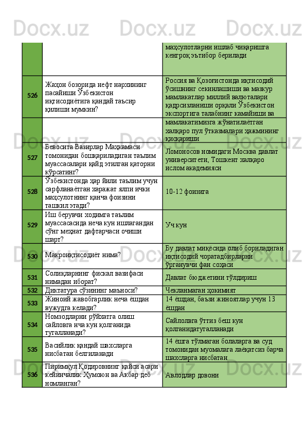 маҳсулотларни   ишлаб   чиқаришга 
кенгроқ эътибор берилади
526 Жаҳон   бозорида   нефт   нархининг 
пасайиши Ўзбекистон 
иқтисодиётига қандай таъсир 
қилиши мумкин? Россия ва   Қозоғистонда   иқтисодий 
ўсишнинг секинлашиши ва мазкур 
мамлакатлар миллий валюталари 
қадрсизланиши   орқали   Ўзбекистон 
экспортига   талабнинг   камайиши   ва
мамлакатимизга жўнатилаётган 
халқаро   пул   ўтказмалари   ҳажмининг
қисқариши
527 Бевосита Вазирлар Маҳкамаси 
томонидан   бошқариладиган   таълим 
муассасалари   қайд   этилган   қаторни 
кўрсатинг? Ломоносов   номидаги   Москва   давлат 
университети, Тошкент халқаро 
ислом академияси
528 Ўзбекистонда   ҳар   йили   таълим   учун
сарфланаётган харажат ялпи ички 
маҳсулотнинг қанча фоизини 
ташкил этади? 10-12  фоизига
529 Иш берувчи ходимга таълим 
муассасасида   неча   кун   ишлагандан
сўнг   меҳнат   дафтарчаси   очиши 
шарт? Уч  кун
530 Макроиқтисодиёт   нима? Бу   давлат   миқёсида   олиб   бориладиган
иқтисодий чоратадбирларни 
ўрганувчи фан соҳаси
531 Солиқларнинг   фискал   вазифаси 
нимадан иборат? Давлат   бюджетини   тўлдириш
532
Диктатура   сўзининг   маъноси? Чекланмаган   ҳокимият
533 Жиноий   жавобгарлик   неча   ёшдан 
вужудга келади? 14   ёшдан,   баъзи   жиноятлар   учун   13 
ёшдан
534 Номзодларни   рўйхатга   олиш 
сайловга нча кун қолганида
тугалланади? Сайлолвга   ўттиз   беш   кун 
қолганидатугалланади
535 Васийлик   қандай   шахсларга 
нисбатан белгиланади 14 ёшга тўлмаган болаларга ва суд 
томонидан   муомалага   лаёқатсиз   барча 
шахсларга нисбатан
536 Пиримқул   Қодировнинг   қайси   асари 
кейинчалик Ҳумоюн ва Акбар деб 
номланган? Авлодлар   довони 