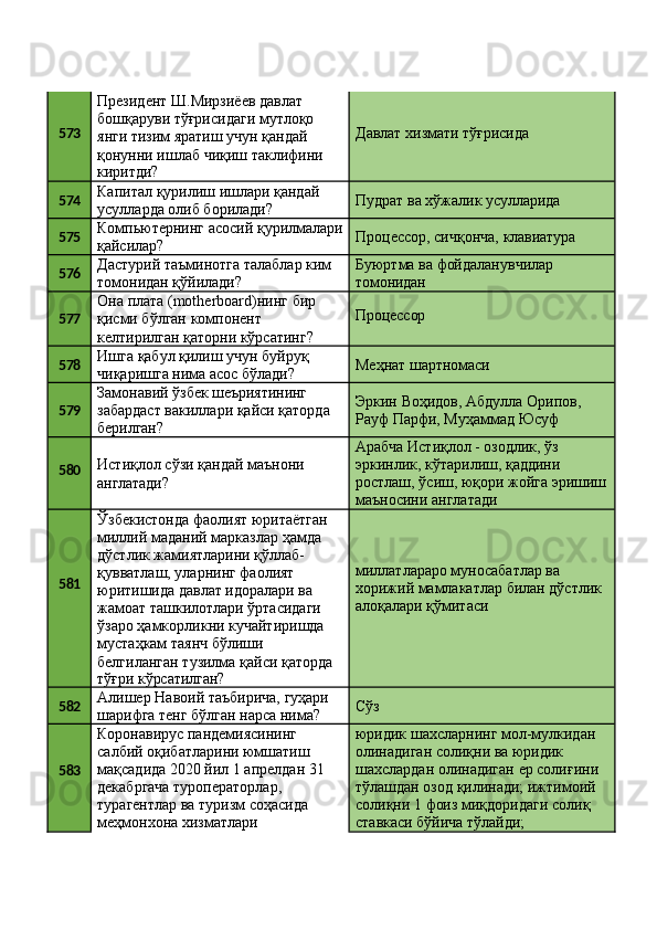 573 Президент Ш.Мирзиёев давлат 
бошқаруви тўғрисидаги мутлоқо 
янги тизим яратиш учун қандай 
қонунни   ишлаб   чиқиш   таклифини
киритди? Давлат   хизмати  тўғрисида
574 Капитал   қурилиш   ишлари   қандай 
усулларда олиб борилади? Пудрат   ва   хўжалик   усулларида
575 Компьютернинг   асосий   қурилмалари 
қайсилар? Процессор,   сичқонча,   клавиатура
576 Дастурий   таъминотга   талаблар   ким 
томонидан қўйилади? Буюртма   ва   фойдаланувчилар 
томонидан
577 Она   плата   (motherboard)нинг   бир 
қисми бўлган компонент 
келтирилган қаторни кўрсатинг? Процессор
578 Ишга   қабул   қилиш   учун   буйруқ 
чиқаришга нима асос бўлади? Меҳнат  шартномаси
579 Замонавий   ўзбек   шеъриятининг
забардаст   вакиллари   қайси   қаторда 
берилган? Эркин   Воҳидов,   Абдулла   Орипов, 
Рауф Парфи, Муҳаммад Юсуф
580 Истиқлол   сўзи   қандай   маънони 
англатади? Арабча Истиқлол - озодлик, ўз 
эркинлик,   кўтарилиш,   қаддини
ростлаш,   ўсиш,   юқори   жойга   эришиш 
маъносини англатади
581 Ўзбекистонда фаолият юритаётган 
миллий маданий марказлар ҳамда 
дўстлик жамиятларини қўллаб-
қувватлаш, уларнинг фаолият 
юритишида давлат идоралари ва 
жамоат ташкилотлари ўртасидаги 
ўзаро ҳамкорликни кучайтиришда 
мустаҳкам таянч бўлиши 
белгиланган   тузилма   қайси   қаторда
тўғри  кўрсатилган? миллатлараро муносабатлар ва 
хорижий   мамлакатлар   билан   дўстлик 
алоқалари қўмитаси
582 Алишер   Навоий   таъбирича,   гуҳари 
шарифга тенг бўлган нарса нима? Сўз
583 Коронавирус пандемиясининг 
салбий оқибатларини юмшатиш 
мақсадида   2020   йил   1   апрелдан   31 
декабргача туроператорлар,
турагентлар   ва   туризм   соҳасида 
меҳмонхона хизматлари юридик шахсларнинг мол-мулкидан 
олинадиган солиқни ва юридик 
шахслардан   олинадиган   ер   солиғини 
тўлашдан озод қилинади; ижтимоий
солиқни   1   фоиз   миқдоридаги   солиқ 
ставкаси бўйича тўлайди; 