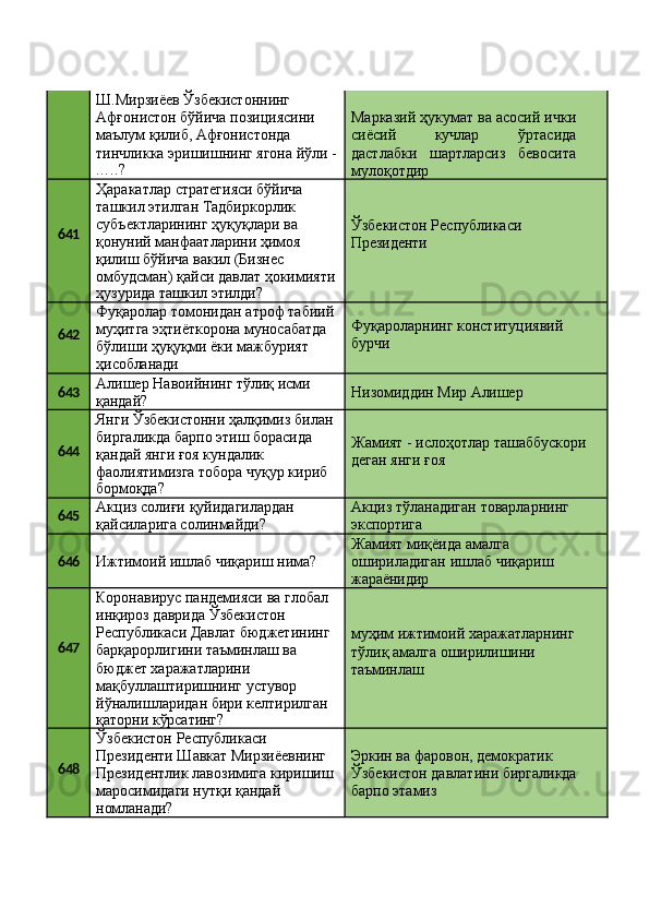 Ш.Мирзиёев Ўзбекистоннинг 
Афғонистон бўйича позициясини 
маълум қилиб, Афғонистонда 
тинчликка   эришишнинг   ягона   йўли   -
. . . . . ? Марказий ҳукумат   ва асосий   ички
сиёсий   кучлар   ўртасида
дастлабки   шартларсиз   бевосита
мулоқотдир
641 Ҳаракатлар стратегияси бўйича 
ташкил этилган Тадбиркорлик 
субъектларининг ҳуқуқлари ва 
қонуний манфаатларини ҳимоя 
қилиш бўйича вакил (Бизнес 
омбудсман)   қайси   давлат   ҳокимияти
ҳузурида   ташкил   этилди? Ўзбекистон   Республикаси 
Президенти
642 Фуқаролар   томонидан   атроф   табиий 
муҳитга эҳтиёткорона муносабатда 
бўлиши ҳуқуқми ёки мажбурият 
ҳисобланади Фуқароларнинг   конституциявий 
бурчи
643 Алишер   Навоийнинг   тўлиқ   исми 
қандай? Низомиддин   Мир   Алишер
644 Янги   Ўзбекистонни   ҳалқимиз   билан 
биргаликда барпо этиш борасида 
қандай янги ғоя кундалик 
фаолиятимизга тобора чуқур кириб
бормоқда? Жамият   -   ислоҳотлар   ташаббускори 
деган янги ғоя
645 Акциз   солиғи   қуйидагилардан 
қайсиларига солинмайди? Акциз   тўланадиган   товарларнинг 
экспортига
646
Ижтимоий   ишлаб   чиқариш   нима? Жамият миқёида амалга 
ошириладиган   ишлаб   чиқариш 
жараёнидир
647 Коронавирус   пандемияси   ва   глобал 
инқироз даврида Ўзбекистон 
Республикаси   Давлат   бюджетининг 
барқарорлигини таъминлаш ва 
бюджет харажатларини 
мақбуллаштиришнинг устувор 
йўналишларидан   бири   келтирилган
қаторни   кўрсатинг? муҳим   ижтимоий   харажатларнинг 
тўлиқ амалга оширилишини 
таъминлаш
648 Ўзбекистон Республикаси 
Президенти Шавкат Мирзиёевнинг 
Президентлик   лавозимига   киришиш
маросимидаги   нутқи   қандай 
номланади? Эркин ва фаровон, демократик 
Ўзбекистон   давлатини   биргаликда 
барпо этамиз 