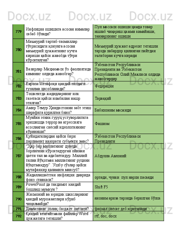779 Инфляция   ошишига   асосан   нималар 
сабаб бўлади? Пул массаси ошиши ҳамда товар 
ишлаб   чиқариш   ҳажми   камайиши, 
таннархнинг ошиши
780 Маъмурий   тартиб-таомиллар 
тўғрисидаги қонунга асосан 
маъмурий   ҳужжатнинг   кучга 
кириши   қайси   жавобда   тўғри
кўрсатилган? Маъмурий   ҳужжат   адресат   тегишли 
тарзда хабардор қилинган пайтдан 
эътиборан кучга киради
781 Вазирлар   Маҳкамаси   ўз   фаолиятида 
кимнинг олдида жавобгар? Ўзбекистон   Республикаси
Президенти   ва   Ўзбекистон
Республикаси   Олий   Мажлиси   олдида
жавобгардир
782 Европа   Иттифоқи   қандай   типдаги 
тузилма ҳисобланади? Федерация
783 Тошкентда жадидларнинг илк 
газетаси   қайси   номбилан   нашр
этилган? Тараққий
784 Амир   Темур   Ҳиндистонни   забт   этиш 
шарафига қурилган бино? Бибихоним   масжиди
785 Муайян   этник   гуруҳ   устуворлигига 
эришишда террор ва агрессияга 
асосланган сиёсий идеологиянинг
кўриниши? Фашизм
786 Қуйидагилардан қайси бири 
парламент   назорати   субъекти   эмас? Ўзбекистон   Республикаси 
Президенти
787 “Ҳар бир миллатнинг дунёда 
борлиғини кўрсатадурган ойинаи 
ҳаёти тил ва адабиётидур. Миллий 
тилни   йўқотмак   миллатнинг   руҳини
йўқотмакдур”.   Ушбу   сўзлар   қайси 
мутафаккир қаламига мансуб? Абдулла   Авлоний
788 Жадаллашаётган   инфляция   даврида 
фоиз   ставкаси? ортади,   чунки   пул   нархи  пасаяди
789 PowerPoint   да   такдимот   кандай 
бошлаш мумкун ? Shift   F5
790 Жисмоний   ва   юридик   шахсларнинг 
қандай мурожаатлари кўриб 
чиқилмайди? аноним   ариза   тарзида   берилган   бўлса
791
Давлатнинг   солиқ-бюджет   сиёсати? фискал   сиёсат   деб   юритилади
792 Қандай   кенгайтмали   файллар   Word 
ҳужжатига тегишли? rtf,   doc,   docx 