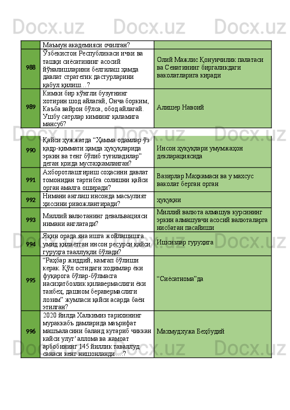 Маъмун   академияси   очилган?
988 Ўзбекистон   Республикаси   ички   ва 
ташқи сиёсатининг асосий 
йўналишларини белгилаш ҳамда
давлат   стратегик   дастурларини 
қабул қилиш…? Олий   Мажлис   Қонунчилик   палатаси 
ва Сенатининг биргаликдаги 
ваколатларига киради
989 Кимки бир кўнгли бузуғнинг 
хотирин   шод   айлагай,   Онча   борким, 
Каъба вайрон бўлса, обод айлагай. 
Ушбу сатрлар кимнинг қаламига
мансуб? Алишер   Навоий
990 Қайси   ҳужжатда   “Ҳамма   одамлар   ўз
қадр-қиммати ҳамда ҳуқуқларида 
эркин ва тенг бўлиб туғиладилар”
деган   қоида   мустаҳкамланган? Инсон   ҳуқуқлари   умумжаҳон 
декларациясида
991 Ахборотлаштириш   соҳасини   давлат
томонидан   тартибга   солишни   қайси
орган амалга оширади? Вазирлар   Маҳкамаси   ва   у   махсус 
ваколат берган орган
992 Нимани   англаш   инсонда   масъулият 
ҳиссини ривожлантиради? ҳуқуқни
993 Миллий   валютанинг   девальвацияси 
нимани англатади? Миллий   валюта   алмашув   курсининг
эркин   алмашувчи   асосий   валюталарга 
нисбатан пасайиши
994 Яқин орада яна ишга жойлашишга 
умид   қилаётган   инсон   ресурси   қайси 
гуруҳга тааллуқли бўлади? Ишсизлар   гуруҳига
995 “Раҳбар жиддий, камгап бўлиши 
керак. Қўл остидаги ходимлар ёки 
фуқарога бўлар-бўлмасга 
насиҳатбозлик   қилавермаслиги   ёки 
танбеҳ, дашном беравермаслиги 
лозим” жумласи қайси асарда баён
этилган? “Сиёсатнома”да
996 2020 йилда Халкимиз тарихининг 
мураккабъ дамларида маърифат 
машъаласини   баланд   кутариб   чиккан 
кайси улуг' аллома ва жамоат 
арбобининг 145 йиллик таваллуд
санаси   кенг   нишонланди….? Махмудхужа   Беҳбудий 
