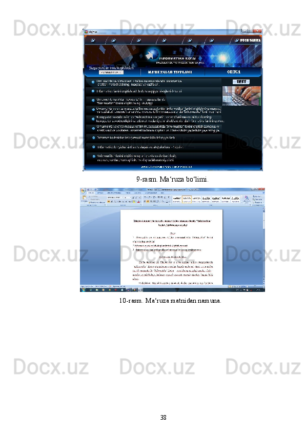 9-rasm. Ma‘ruza bo‘limi.
10-rasm. Ma‘ruza matnidan namuna.
38