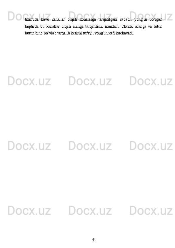 tizimida   havo   kanallar   orqali   xonalarga   tarqatilgani   sababli   yong‘in   bo‘lgan
taqdirda   bu   kanallar   orqali   alanga   tarqatilishi   mumkin.   Chunki   alanga   va   tutun
butun bino bo‘ylab tarqalib ketishi tufayli yong‘in xafi kuchayadi.
44
