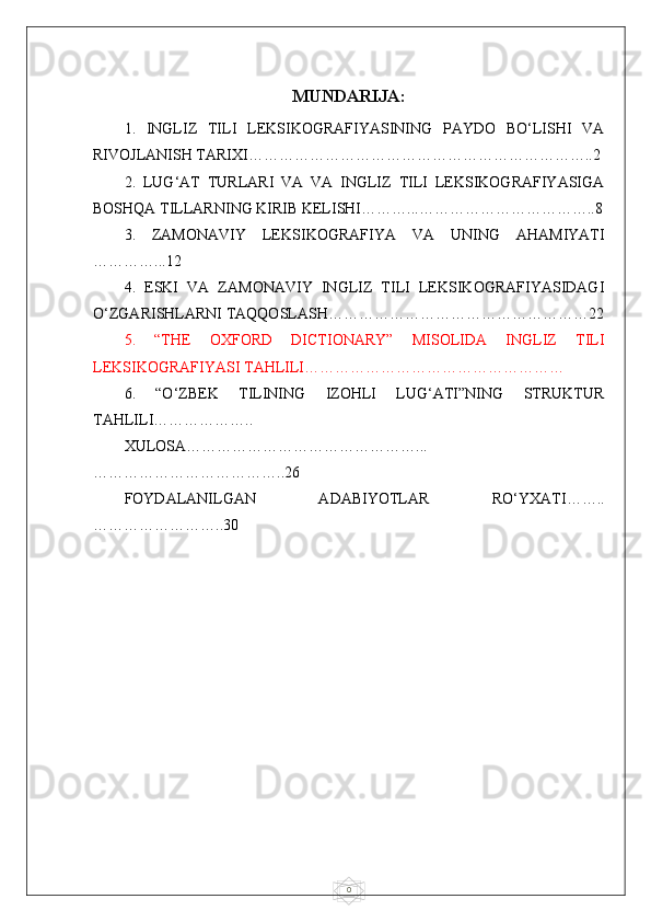 0MUNDARIJA:
1.   INGLIZ   TILI   LEKSIKOGRAFIYASINING   PAYDO   BO‘LISHI   VA
RIVOJLANISH TARIXI…………………………………………………………..2
2.   LUG‘AT   TURLARI   VA   VA   INGLIZ   TILI   LEKSIKOGRAFIYASIGA
BOSHQA TILLARNING KIRIB KELISHI………...……………………………..8
3.   ZAMONAVIY   LEKSIKOGRAFIYA   VA   UNING   AHAMIYATI
…………...12
4.   ESKI   VA   ZAMONAVIY   INGLIZ   TILI   LEKSIKOGRAFIYASIDAGI
O‘ZGARISHLARNI TAQQOSLASH……………………………………………22
5.   “THE   OXFORD   DICTIONARY”   MISOLIDA   INGLIZ   TILI
LEKSIKOGRAFIYASI TAHLILI……………………………………………
6.   “O‘ZBEK   TILINING   IZOHLI   LUG‘ATI”NING   STRUKTUR
TAHLILI………………..
XULOSA………………………………………...
………………………………..26
FOYDALANILGAN   ADABIYOTLAR   RO‘YXATI……..
……………………..30 