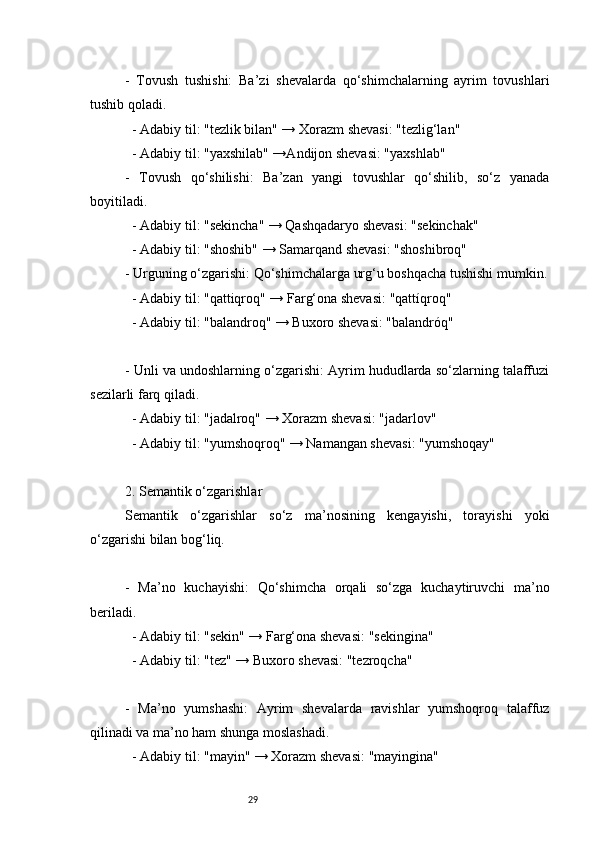 29-   Tovush   tushishi:   Ba’zi   shevalarda   qo‘shimchalarning   ayrim   tovushlari
tushib qoladi.
  - Adabiy til: "tezlik bilan" → Xorazm shevasi: "tezlig‘lan"
  - Adabiy til: "yaxshilab" →Andijon shevasi: "yaxshlab"
-   Tovush   qo‘shilishi:   Ba’zan   yangi   tovushlar   qo‘shilib,   so‘z   yanada
boyitiladi.
  - Adabiy til: "sekincha" → Qashqadaryo shevasi: "sekinchak"
  - Adabiy til: "shoshib" → Samarqand shevasi: "shoshibroq"
- Urguning o‘zgarishi: Qo‘shimchalarga urg‘u boshqacha tushishi mumkin.
  - Adabiy til: "qattiqroq" → Farg‘ona shevasi: "qattíqroq"
  - Adabiy til: "balandroq" → Buxoro shevasi: "balandróq"
- Unli va undoshlarning o‘zgarishi: Ayrim hududlarda so‘zlarning talaffuzi
sezilarli farq qiladi.
  - Adabiy til: "jadalroq" → Xorazm shevasi: "jadarlov"
  - Adabiy til: "yumshoqroq" → Namangan shevasi: "yumshoqay"
2. Semantik o‘zgarishlar
Semantik   o‘zgarishlar   so‘z   ma’nosining   kengayishi,   torayishi   yoki
o‘zgarishi bilan bog‘liq.
-   Ma’no   kuchayishi:   Qo‘shimcha   orqali   so‘zga   kuchaytiruvchi   ma’no
beriladi.
  - Adabiy til: "sekin" → Farg‘ona shevasi: "sekingina"
  - Adabiy til: "tez" → Buxoro shevasi: "tezroqcha"
-   Ma’no   yumshashi:   Ayrim   shevalarda   ravishlar   yumshoqroq   talaffuz
qilinadi va ma’no ham shunga moslashadi.
  - Adabiy til: "mayin" → Xorazm shevasi: "mayingina" 