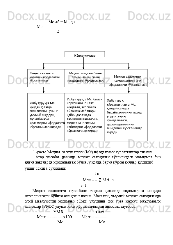 1 -расм. Меҳнат салоҳиятини (Мс) ифодаловчи кўрсаткичлар тизими 
Агар   ҳисобат   даврида   меҳнат   салоҳияти   тўғрисидаги   маълумот   бир
қанча вақтларда ифодаланган бўлса, у ҳолда барча кўрсаткичлар қўшилиб 
унинг сонига бўлинади: 
1 n 
Мс= ----   ∑   Мсi. n
i=1 
Меҳнат   салоҳияти   таркибини   таҳлил   қилганда   ходимларни   алоҳида
категориялари бўйича аниқлаш лозим. Масалан, умумий меҳнат салоҳиятида
олий   маълумотли   ходимлар   (Омх)   улушини   ёки   ўрта   махсус   маълумотли
ходимлар (УМХ) улуши каби кўрсаткичларни аниқлаш мумкин. 
  
 
 
 
 
 
 
 
 
 
 
 
 
 
 
 
 
 
  К ў рсаткичлар   
 
Ме ҳ нат сало ҳ ияти 
ҳ олатини ифодаловчи 
к ўрсаткичлар   
  Ме ҳ нат сало ҳ ияти билан 
таъминланганликни 
ифодаловчи  
к ў рсаткичлар  
  Меҳнат салоҳияти  
самарадорлигини 
ифодаловчи кўрсаткичлар  
Ушбу гуру ҳга Мс. 
қ андай ҳ олатда 
эканлигини , унинг 
умумий ми қ дори, 
таркиби  
каби 
ҳ олатларни ифодаловчи 
к ўрсаткичлар киради  
  Ушбу гуру ҳ га Мс. билан 
корхонанинг штат 
жадвали, асосий ва 
айланма мабла ғлари 
қ айси даражада 
таъминланганлигини, 
ме ҳнатнинг сиғ ими 
кабиларни ифодаловчи 
к ўрсаткичлар киради  
  Ушбу гуру ҳ 
к ўрсаткичларга Мс. 
қ андай самара 
бераётганлигини ифода 
этувчи, унинг 
фойдалилиги, 
даромадлилигини 
ани қловчи кў рсаткичлар 
кир ади