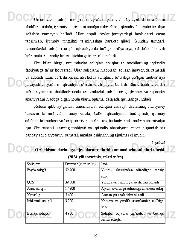 Umumdavlat   soliqlarining   iqtisodiy   ahamiyati   davlat   byudjeti   daromadlarini
shakllantirishda, ijtimoiy taqsimotni amalga oshirishda, iqtisodiy faoliyatni tartibga
solishda   namoyon   bo‘ladi.   Ular   orqali   davlat   jamiyatdagi   boyliklarni   qayta
taqsimlab,   ijtimoiy   tenglikni   ta’minlashga   harakat   qiladi.   Bundan   tashqari,
umumdavlat   soliqlari   orqali   iqtisodiyotda   bo‘lgan   inflyatsiya,   ish   bilan   bandlik
kabi makroiqtisodiy ko‘rsatkichlarga ta’sir o‘tkaziladi.
Shu   bilan   birga,   umumdavlat   soliqlari   soliqlar   to‘lovchilarning   iqtisodiy
faoliyatiga   ta’sir   ko‘rsatadi.   Ular   soliqlarni   hisoblash,   to‘lash   jarayonida   samarali
va adolatli tizim bo‘lishi kerak, aks holda soliqlarni to‘lashga bo‘lgan motivatsiya
pasayadi va yashirin iqtisodiyot o‘sishi xavfi paydo bo‘ladi. Shu sababli davlatlar
soliq   siyosatini   shakllantirishda   umumdavlat   soliqlarning   ijtimoiy   va   iqtisodiy
ahamiyatini hisobga olgan holda ularni optimal darajada qo‘llashga intiladi.
Xulosa   qilib   aytganda,   umumdavlat   soliqlari   nafaqat   davlatning   moliyaviy
bazasini   ta’minlovchi   asosiy   vosita,   balki   iqtisodiyotni   boshqarish,   ijtimoiy
adolatni ta’minlash va barqaror rivojlanishni rag‘batlantirishda muhim ahamiyatga
ega.   Shu   sababli   ularning   mohiyati   va   iqtisodiy   ahamiyatini   puxta   o‘rganish   har
qanday soliq siyosatini samarali amalga oshirishning ajralmas qismidir.
1-jadval
O‘zbekiston davlat byudjeti daromadlarida umumdavlat soliqlari ulushi
(2024 yili taxminiy, mlrd so‘m)
Soliq turi Daromad(mlrd so’m) Izoh
Foyda solig’i 52 700 Yuridik   shaxslardan   olinadigan   asosiy
soliq
QQS 39 600 Yuridik va jismoniy shaxslardan olinadi
Aksiz solig’i 17 800 Ayrim tovarlarga solinadigan maxsus soliq
Yer solig’i 5 400 Asosan yer egalaridan olinadi
Mol-mulk solig’i 3 200 Korxona va yuridik   shaxslarning  mulkiga
soliq
Boshqa soliqlar 4 900 Soliqlar,   bojxona   yig’imlari   va   boshqa
kichik soliqlar
10 