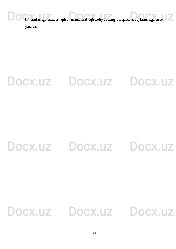 ta’minlashga   xizmat   qilib,   mamlakat   iqtisodiyotining   barqaror   rivojlanishiga   asos
yaratadi.
14 
