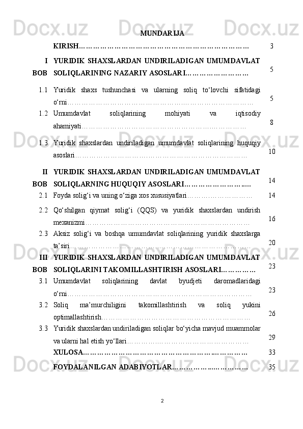 MUNDARIJA
KIRISH…………………………………………………… ………… 3
I
BOB YURIDIK   SHAXSLARDAN   UNDIRILADIGAN   UMUMDAVLAT
SOLIQLARINING NAZARIY ASOSLARI …………………… … 5
1.1 Yuridik   shaxs   tushunchasi   va   ularning   soliq   to‘lovchi   sifatidagi
o‘rni………………………………………….………………………… 5
1.2 Umumdavlat   soliqlarining   mohiyati   va   iqtisodiy
ahamiyati……………………………………………….…………… 8
1.3 Yuridik   shaxslardan   undiriladigan   umumdavlat   soliqlarining   huquqiy
asoslari………………………….…………………………………… 10
II
BOB YURIDIK   SHAXSLARDAN   UNDIRILADIGAN   UMUMDAVLAT
SOLIQLARNING HUQUQIY ASOSLARI…………………….. … 14
2.1 Foyda solig‘i va uning o‘ziga xos xususiyatlari……….……………… 14
2.2 Qo‘shilgan   qiymat   solig‘i   (QQS)   va   yuridik   shaxslardan   undirish
mexanizmi…………………………………….……………………… 16
2.3 Aksiz   solig‘i   va   boshqa   umumdavlat   soliqlarining   yuridik   shaxslarga
ta’siri………………………………..………………………………… 20
III
BOB YURIDIK   SHAXSLARDAN   UNDIRILADIGAN   UMUMDAVLAT
SOLIQLARINI TAKOMILLASHTIRISH ASOSLARI…………… 23
3.1 Umumdavlat   soliqlarining   davlat   byudjeti   daromadlaridagi
o‘rni…………………………………………………………………… 23
3.2 Soliq   ma’murchiligini   takomillashtirish   va   soliq   yukini
optimallashtirish……………………………………………………… 26
3.3 Yuridik shaxslardan undiriladigan soliqlar bo‘yicha mavjud muammolar
va ularni hal etish yo‘llari………….………………………………… 29
XULOSA………………………………………………. …………… 33
FOYDALANILGAN ADABIYOTLAR……………... …………… 35
2 