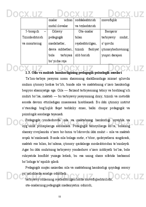 11onalar   uchun
mobil ilovalar soddalashtirish
va tezlashtirish muvofiqlik
5-bosqich   –
Tizimlashtirish
va monitoring Oilaviy
pedagogik
maslahatlar,
davra   suhbatlari,
bola   tarbiyasi
bo‘yicha reja Ota-onalar
bilan
rejalashtirilgan,
tizimli   faoliyat
olib borish Barqaror
tarbiyaviy   muhit,
o‘quvchi
ijtimoiylashuvining
yuqori darajasi
1.3. Oila va maktab hamkorligining pedagogik-psixologik asoslari
Ta’lim-tarbiya   jarayoni   inson   shaxsining   shakllanishiga   xizmat   qiluvchi
muhim   ijtimoiy   hodisa   bo‘lib,   bunda   oila   va   maktabning   o‘zaro   hamkorligi
beqiyos ahamiyatga ega. Oila — farzand tarbiyasining tabiiy va boshlang‘ich
muhiti bo‘lsa, maktab — bu tarbiyaviy jarayonning ilmiy, tizimli va metodik
asosda   davom   ettiriladigan   muassasasi   hisoblanadi.   Bu   ikki   ijtimoiy   institut
o‘rtasidagi   bog‘liqlik   faqat   tashkiliy   emas,   balki   chuqur   pedagogik   va
psixologik asoslarga tayanadi.
Pedagogik   yondashuvda   oila   va   maktabning   hamkorligi   uzviylik   va
uyg‘unlik   prinsiplariga   asoslanadi.   Pedagogik   tamoyillarga   ko‘ra,   bolaning
shaxsiy rivojlanishi o‘zaro bir-birini to‘ldiruvchi ikki muhit – oila va maktab
orqali ta’minlanadi. Bunda oila bolaga mehr, e’tibor, qadriyatlarni singdiradi,
maktab esa bilim, ko‘nikma, ijtimoiy qoidalarga moslashtirishni  ta’minlaydi.
Agar   bu   ikki   muhitning   tarbiyaviy   yondashuvi   o‘zaro   ziddiyatli   bo‘lsa,   bola
ruhiyatida   konflikt   yuzaga   keladi,   bu   esa   uning   shaxs   sifatida   barkamol
bo‘lishiga to‘sqinlik qiladi.
Pedagogik nuqtai nazardan oila va maktabning hamkorligi quyidagi asosiy
yo‘nalishlarda amalga oshiriladi:
tarbiyaviy ishlarning rejalashtirilgan holda muvofiqlashtirilishi;
ota-onalarning pedagogik madaniyatini oshirish; 