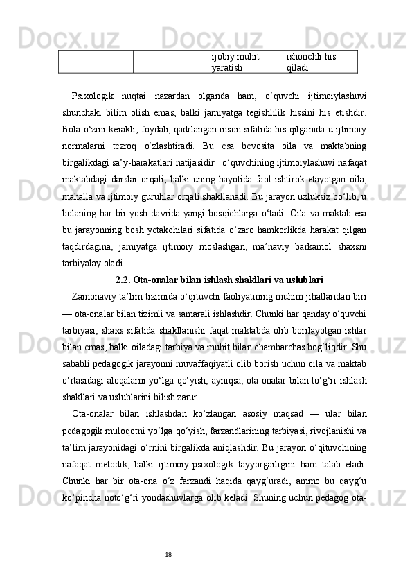 18 ijobiy muhit 
yaratish ishonchli his 
qiladi
Psixologik   nuqtai   nazardan   olganda   ham,   o‘quvchi   ijtimoiylashuvi
shunchaki   bilim   olish   emas,   balki   jamiyatga   tegishlilik   hissini   his   etishdir.
Bola o‘zini kerakli, foydali, qadrlangan inson sifatida his qilganida u ijtimoiy
normalarni   tezroq   o‘zlashtiradi.   Bu   esa   bevosita   oila   va   maktabning
birgalikdagi sa’y-harakatlari natijasidir.  o‘quvchining ijtimoiylashuvi nafaqat
maktabdagi   darslar   orqali,   balki   uning   hayotida   faol   ishtirok   etayotgan   oila,
mahalla va ijtimoiy guruhlar orqali shakllanadi. Bu jarayon uzluksiz bo‘lib, u
bolaning har  bir  yosh  davrida yangi  bosqichlarga  o‘tadi. Oila  va maktab esa
bu   jarayonning   bosh   yetakchilari   sifatida   o‘zaro   hamkorlikda   harakat   qilgan
taqdirdagina,   jamiyatga   ijtimoiy   moslashgan,   ma’naviy   barkamol   shaxsni
tarbiyalay oladi.
2.2. Ota-onalar bilan ishlash shakllari va uslublari
Zamonaviy ta’lim tizimida o‘qituvchi faoliyatining muhim jihatlaridan biri
— ota-onalar bilan tizimli va samarali ishlashdir. Chunki har qanday o‘quvchi
tarbiyasi,   shaxs   sifatida   shakllanishi   faqat   maktabda   olib   borilayotgan   ishlar
bilan emas, balki oiladagi tarbiya va muhit bilan chambarchas bog‘liqdir. Shu
sababli pedagogik jarayonni muvaffaqiyatli olib borish uchun oila va maktab
o‘rtasidagi aloqalarni yo‘lga qo‘yish, ayniqsa, ota-onalar bilan to‘g‘ri ishlash
shakllari va uslublarini bilish zarur.
Ota-onalar   bilan   ishlashdan   ko‘zlangan   asosiy   maqsad   —   ular   bilan
pedagogik muloqotni yo‘lga qo‘yish, farzandlarining tarbiyasi, rivojlanishi va
ta’lim  jarayonidagi  o‘rnini  birgalikda  aniqlashdir.  Bu  jarayon  o‘qituvchining
nafaqat   metodik,   balki   ijtimoiy-psixologik   tayyorgarligini   ham   talab   etadi.
Chunki   har   bir   ota-ona   o‘z   farzandi   haqida   qayg‘uradi,   ammo   bu   qayg‘u
ko‘pincha noto‘g‘ri yondashuvlarga olib keladi. Shuning uchun pedagog ota- 