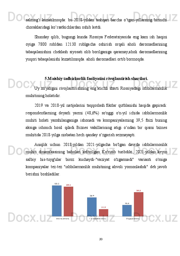 salmog‘i   kuzatilmoqda:   bu   2018-yildan   tashqari   barcha   o‘tgan-yillarning   birinchi
choraklaridagi ko‘rsatkichlardan oshib ketdi.
Shunday   qilib,   bugungi   kunda   Rossiya   Federatsiyasida   eng   kam   ish   haqini
oyiga   7800   rubldan   12130   rublgacha   oshirish   orqali   aholi   daromadlarining
tabaqalanishini   cheklash   siyosati   olib   borilganiga   qaramay,aholi   daromadlarining
yuqori tabaqalanishi kuzatilmoqda. aholi daromadlari ortib bormoqda.
5.Maishiy tadbirkorlik faoliyatini rivojlantirish shartlari.
Uy xo'jaligini rivojlantirishning eng kuchli sharti Rossiyadagi ishbilarmonlik
muhitining holatidir.
2019   va   2018-yil   natijalarini   taqqoslash   fikrlar   qutblanishi   haqida   gapiradi:
respondentlarning   deyarli   yarmi   (48,6%)   so'nggi   o'n-yil   ichida   ishbilarmonlik
muhiti   holati   yaxshilanganiga   ishonadi   va   kompaniyalarning   39,5   foizi   buning
aksiga   ishonch   hosil   qiladi.   Biznes   vakillarining   atigi   o‘ndan   bir   qismi   biznes
muhitida 2018-yilga nisbatan hech qanday o‘zgarish sezmayapti.
Aniqlik   uchun   2018-yildan   2021-yilgacha   bo'lgan   davrda   ishbilarmonlik
muhiti   dinamikasining   baholari   keltirilgan.   Ko'rinib   turibdiki,   2021-yildan   keyin
salbiy   his-tuyg'ular   biroz   kuchaydi-"vaziyat   o'zgarmadi"   varianti   o'rniga
kompaniyalar   tez-tez   "ishbilarmonlik   muhitining   ahvoli   yomonlashdi"   deb   javob
berishni boshladilar.
20