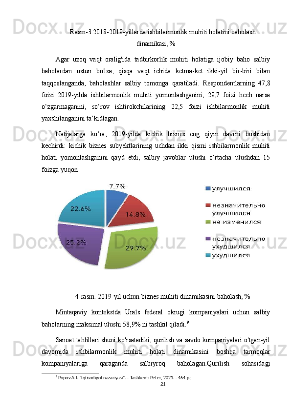 Rasm-3.2018-2019-yillarda ishbilarmonlik muhiti holatini baholash
dinamikasi, %
Agar   uzoq   vaqt   oralig'ida   tadbirkorlik   muhiti   holatiga   ijobiy   baho   salbiy
baholardan   ustun   bo'lsa,   qisqa   vaqt   ichida   ketma-ket   ikki-yil   bir-biri   bilan
taqqoslanganda,   baholashlar   salbiy   tomonga   qaratiladi.   Respondentlarning   47,8
foizi   2019-yilda   ishbilarmonlik   muhiti   yomonlashganini,   29,7   foizi   hech   narsa
o‘zgarmaganini,   so‘rov   ishtirokchilarining   22,5   foizi   ishbilarmonlik   muhiti
yaxshilanganini ta’kidlagan.
Natijalarga   ko‘ra,   2019-yilda   kichik   biznes   eng   qiyin   davrni   boshidan
kechirdi:   kichik   biznes   subyektlarining   uchdan   ikki   qismi   ishbilarmonlik   muhiti
holati   yomonlashganini   qayd   etdi,   salbiy   javoblar   ulushi   o‘rtacha   ulushdan   15
foizga yuqori.
4-rasm. 2019-yil uchun biznes muhiti dinamikasini baholash, %
Mintaqaviy   kontekstda   Urals   federal   okrugi   kompaniyalari   uchun   salbiy
baholarning maksimal ulushi 58,9% ni tashkil qiladi. 9
Sanoat tahlillari shuni ko'rsatadiki, qurilish va savdo kompaniyalari o'tgan-yil
davomida   ishbilarmonlik   muhiti   holati   dinamikasini   boshqa   tarmoqlar
kompaniyalariga   qaraganda   salbiyroq   baholagan.Qurilish   sohasidagi
9
 Popov A.I. "Iqtisodiyot nazariyasi". - Tashkent: Peter, 2021. - 464 p.;
21 