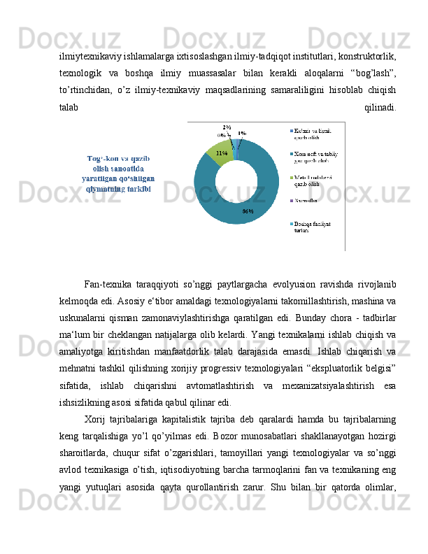 ilmiytexnikaviy ishlamalarga ixtisoslashgan ilmiy-tadqiqot institutlari, konstruktorlik,
texnologik   va   boshqa   ilmiy   muassasalar   bilan   kerakli   aloqalarni   “bog’lash”,
to’rtinchidan,   o’z   ilmiy-texnikaviy   maqsadlarining   samaraliligini   hisoblab   chiqish
talab   qilinadi.
Fan-texnika   taraqqiyoti   so’nggi   paytlargacha   evolyusion   ravishda   rivojlanib
kelmoqda edi. Asosiy e‘tibor amaldagi texnologiyalarni takomillashtirish, mashina va
uskunalarni   qisman   zamonaviylashtirishga   qaratilgan   edi.   Bunday   chora   -   tadbirlar
ma‘lum bir cheklangan natijalarga olib kelardi. Yangi texnikalarni ishlab chiqish va
amaliyotga   kiritishdan   manfaatdorlik   talab   darajasida   emasdi.   Ishlab   chiqarish   va
mehnatni tashkil qilishning xorijiy progressiv texnologiyalari “ekspluatorlik belgisi”
sifatida,   ishlab   chiqarishni   avtomatlashtirish   va   mexanizatsiyalashtirish   esa
ishsizlikning asosi sifatida qabul qilinar edi.
Xorij   tajribalariga   kapitalistik   tajriba   deb   qaralardi   hamda   bu   tajribalarning
keng   tarqalishiga   yo’l   qo’yilmas   edi.   Bozor   munosabatlari   shakllanayotgan   hozirgi
sharoitlarda,   chuqur   sifat   o’zgarishlari,   tamoyillari   yangi   texnologiyalar   va   so’nggi
avlod texnikasiga o’tish, iqtisodiyotning barcha tarmoqlarini fan va texnikaning eng
yangi   yutuqlari   asosida   qayta   qurollantirish   zarur.   Shu   bilan   bir   qatorda   olimlar, 