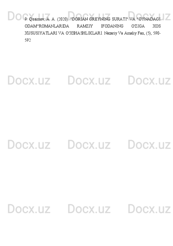 9. Qosimov, A. A. (2020). "DORIAN GREYNING SURATI" VA "OYNADAGI
ODAM"ROMANLARIDA   RAMZIY   IFODANING   O'ZIGA   XOS
XUSUSIYATLARI VA O'XSHASHLIKLARI.   Nazariy Va Amaliy Fan, (5), 590-
592 
