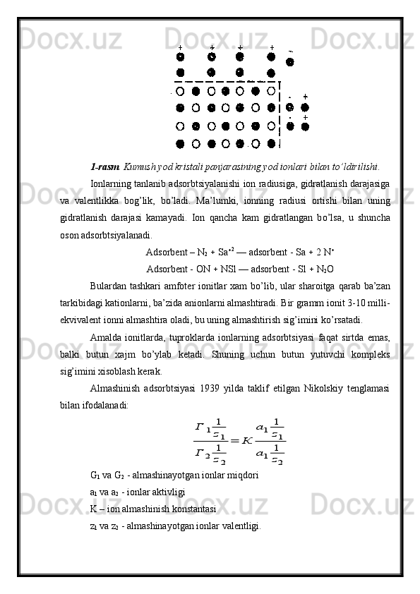 1-rasm . Kumush yod kristali panjarasining yod ionlari bilan t o’ ldirilishi .
Ionlarning tanlanib adsorbtsiyalanishi ion radiusiga, gidratlanish darajasiga
va   valentlikka   bo g’ lik,   b o’ ladi.   Ma’lumki,   ionning   radiusi   ortishi   bilan   uning
gidratlanish   darajasi   kamayadi.   Ion   q ancha   kam   gidratlangan   b o’ lsa,   u   shuncha
oson adsorbtsiyalanadi.
Adsorbent – N
2     Sa  2
 — adsorbent - Sa    2 N 
Adsorbent - ON    NSl — adsorbent - Sl    N
2 O
Bulardan tashkari amfoter ionitlar xam b o’ lib, ular sharoitga   q arab ba’zan
tarkibidagi kationlarni, ba’zida anionlarni almashtiradi. Bir gramm ionit 3-10 milli-
ekvivalent ionni almashtira oladi, bu uning almashtirish si g’ imini k o’ rsatadi.
Amalda   ionitlarda,   tuproklarda   ionlarning   adsorbtsiyasi   fa q at   sirtda   emas,
balki   butun   xajm   b o’ ylab   ketadi.   Shuning   uchun   butun   yutuvchi   kompleks
si g’ imini xisoblash kerak.
Almashinish   adsorbtsiyasi   1939   yilda   taklif   etilgan   Nikolskiy   tenglamasi
bilan ifodalanadi:Г	1	
1
z1	
Г	2	
1
z	2	
=	К	
а	1	
1
z1	
а	1	
1
z2
G
1  va G
2  - almashinayotgan ionlar miqdori
a
1  va a
2  - ionlar aktivligi
K – ion almashinish konstantasi
z
1  va z
2  - almashinayotgan ionlar valentligi. 