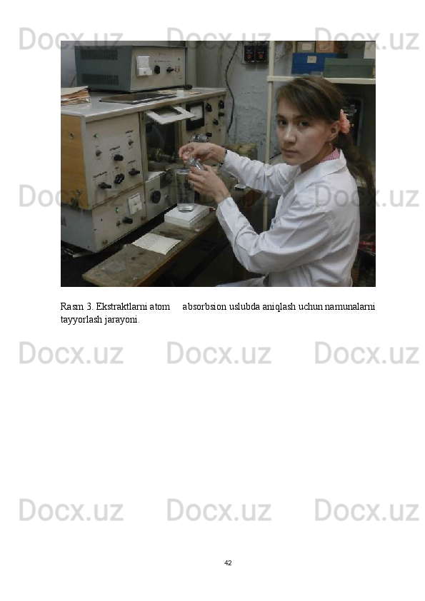Rasm 3. Ekstraktlarni atom   absorbsion uslubda aniqlash uchun namunalarni 
tayyorlash jarayoni.
42 