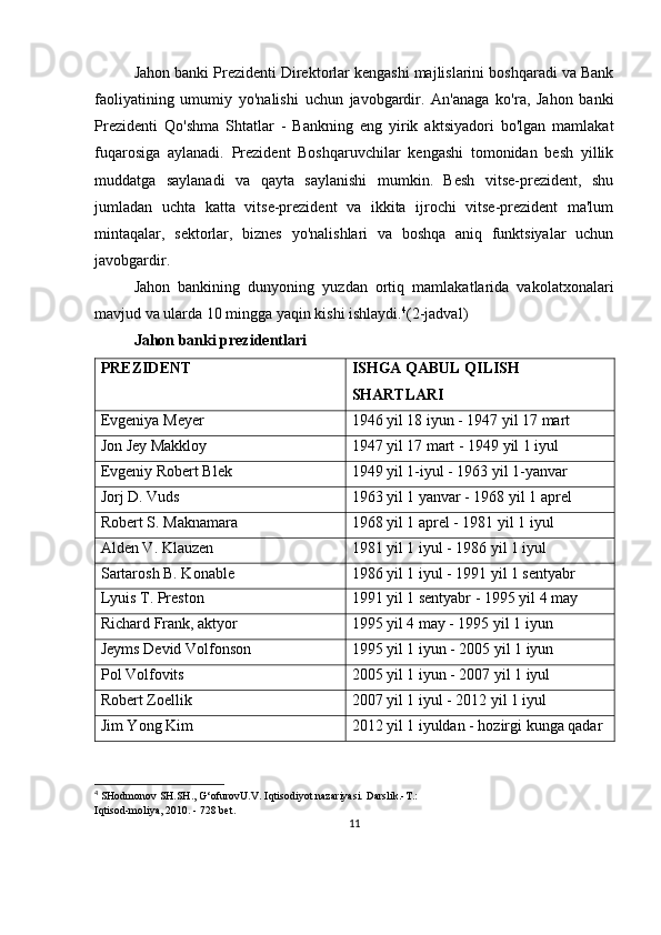 Jahon banki Prezidenti Direktorlar kengashi majlislarini boshqaradi va Bank
faoliyatining   umumiy   yo'nalishi   uchun   javobgardir.   An'anaga   ko'ra,   Jahon   banki
Prezidenti   Qo'shma   Shtatlar   -   Bankning   eng   yirik   aktsiyadori   bo'lgan   mamlakat
fuqarosiga   aylanadi.   Prezident   Boshqaruvchilar   kengashi   tomonidan   besh   yillik
muddatga   saylanadi   va   qayta   saylanishi   mumkin.   Besh   vitse-prezident,   shu
jumladan   uchta   katta   vitse-prezident   va   ikkita   ijrochi   vitse-prezident   ma'lum
mintaqalar,   sektorlar,   biznes   yo'nalishlari   va   boshqa   aniq   funktsiyalar   uchun
javobgardir.
Jahon   bankining   dunyoning   yuzdan   ortiq   mamlakatlarida   vakolatxonalari
mavjud va ularda 10 mingga yaqin kishi ishlaydi. 4
(2-jadval)
Jahon banki prezidentlari
PREZIDENT ISHGA QABUL QILISH 
SHARTLARI
Evgeniya Meyer 1946 yil 18 iyun - 1947 yil 17 mart
Jon Jey Makkloy 1947 yil 17 mart - 1949 yil 1 iyul
Evgeniy Robert Blek 1949 yil 1-iyul - 1963 yil 1-yanvar
Jorj D. Vuds 1963 yil 1 yanvar - 1968 yil 1 aprel
Robert S. Maknamara 1968 yil 1 aprel - 1981 yil 1 iyul
Alden V. Klauzen 1981 yil 1 iyul - 1986 yil 1 iyul
Sartarosh B. Konable 1986 yil 1 iyul - 1991 yil 1 sentyabr
Lyuis T. Preston 1991 yil 1 sentyabr - 1995 yil 4 may
Richard Frank, aktyor 1995 yil 4 may - 1995 yil 1 iyun
Jeyms Devid Volfonson 1995 yil 1 iyun - 2005 yil 1 iyun
Pol Volfovits 2005 yil 1 iyun - 2007 yil 1 iyul
Robert Zoellik 2007 yil 1 iyul - 2012 yil 1 iyul
Jim Yong Kim 2012 yil 1 iyuldan - hozirgi kunga qadar
4
  SHodmonov SH.SH., G‘ofurovU.V. Iqtisodiyot nazariyasi. Darslik.-T.:
Iqtisod-moliya, 2010. - 728 bet.
11