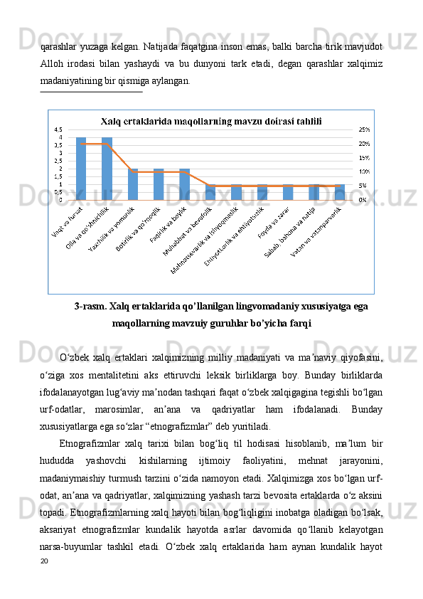 qarashlar yuzaga kelgan. Natijada faqatgina inson emas, balki barcha tirik mavjudot
Alloh   irodasi   bilan   yashaydi   va   bu   dunyoni   tark   etadi,   degan   qarashlar   xalqimiz
madaniyatining bir qismiga aylangan. 
 
3-rasm. Xalq ertaklarida qo’llanilgan lingvomadaniy xususiyatga ega 
maqollarning mavzuiy guruhlar bo’yicha farqi 
 
O zbek   xalq   ertaklari   xalqimizning   milliy   madaniyati   va   ma naviy   qiyofasini,ʻ ʼ
o ziga   xos   mentalitetini   aks   ettiruvchi   leksik   birliklarga   boy.   Bunday   birliklarda	
ʻ
ifodalanayotgan lug aviy ma nodan tashqari faqat o zbek xalqigagina tegishli bo lgan	
ʻ ʼ ʻ ʻ
urf-odatlar,   marosimlar,   an ana   va   qadriyatlar   ham   ifodalanadi.   Bunday	
ʼ
xususiyatlarga ega so zlar “etnografizmlar” deb yuritiladi. 	
ʻ
Etnografizmlar   xalq   tarixi   bilan   bog liq   til   hodisasi   hisoblanib,   ma lum   bir	
ʻ ʼ
hududda   yashovchi   kishilarning   ijtimoiy   faoliyatini,   mehnat   jarayonini,
madaniymaishiy turmush tarzini o zida namoyon etadi. Xalqimizga xos bo lgan urf-	
ʻ ʻ
odat, an ana va qadriyatlar, xalqimizning yashash tarzi bevosita ertaklarda o z aksini	
ʼ ʻ
topadi. Etnografizmlarning xalq hayoti bilan bog liqligini inobatga oladigan bo lsak,	
ʻ ʻ
aksariyat   etnografizmlar   kundalik   hayotda   asrlar   davomida   qo llanib   kelayotgan	
ʻ
narsa-buyumlar   tashkil   etadi.   O zbek   xalq   ertaklarida   ham   aynan   kundalik   hayot	
ʻ
20  
  