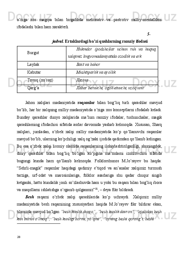 o ziga   xos   magiya   bilan   birgalikda   meliorativ   va   pastrotiv   milliy-mentallikniʻ
ifodalashi bilan ham xarakterli. 
5-
jadval.  Ertaklardagi ba zi qushlarning ramziy ifodasi 	
ʼ
Burgut  Hukmdor   (podsho)lar   uchun   ruh   va   huquq,
xalqimiz lingvomadaniyatida ozodlik va erk 
Laylak  Baxt va bahor 
Kabutar  Mushtiparlik va ayollik 
Tovuq (xo roz) 	
ʻ Xazina 
Qarg a 	
ʻ Xabar beruvchi, ogoh etuvchi, uzoq umr 
 
Jahon   xalqlari   madaniyatida   raqamlar   bilan   bog liq   turli   qarashlar   mavjud	
ʻ
bo lib, har bir xalqning milliy madaniyatida o ziga xos konseptlarni ifodalab keladi.	
ʻ ʻ
Bunday   qarashlar   dunyo   xalqlarida   ma lum   ramziy   ifodalar,   tushunchalar,   magik	
ʼ
qarashlarning   ifodachisi   sifatida   asrlar   davomida   yashab   kelmoqda.   Xususan,   Sharq
xalqlari,   jumladan,   o zbek   xalqi   milliy   madaniyatida   ko p   qo llanuvchi   raqamlar	
ʻ ʻ ʻ
mavjud bo lib, ularning ko pchiligi xalq og zaki ijodida qadimdan qo llanib kelingan.	
ʻ ʻ ʻ ʻ
Bu esa o zbek xalqi  lisoniy olamida raqamlarning ilohiylashtirilganligi, shuningdek,
ʻ
diniy   qarashlar   bilan   bog liq   bo lgan   ko pgina   ma nolarni   izohlovchisi   sifatida	
ʻ ʻ ʻ ʼ
bugungi   kunda   ham   qo llanib   kelmoqda.   Folklorshunos   M.Jo’rayev   bu   haqda:
ʻ
“Sehrli-magik”   raqamlar   haqidagi   qadimiy   e’tiqod   va   an’analar   xalqimiz   turmush
tarziga,   urf-odat   va   marosimlariga,   folklor   asarlariga   shu   qadar   chuqur   singib
ketganki, hatto kundalik jonli so’zlashuvda ham u yoki bu raqam bilan bog’liq ibora
va maqollarni ishlatishga o’rganib qolganmiz” 31
, – deya fikr bildiradi. 
Besh   raqami   o’zbek   xalqi   qarashlarida   ko’p   uchraydi.   Xalqimiz   milliy
madaniyatida   besh   raqamining   xususiyatlari   haqida   M.Jo’rayev   fikr   bildirar   ekan,
tilimizda mavjud bo’lgan  “besh kunlik dunyo”, “besh kunlik davron”, “ajalidan besh
kun burun o’lmoq”, “besh kunligi bormi, yo’qmi”, “oyning beshi qorong’i, beshi 
 
28