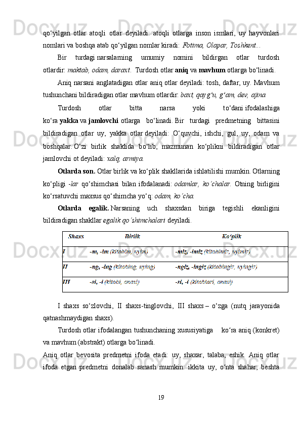 q о ‘yilgan   otlar   atoqli   otlar   deyiladi:   atoqli   otlarga   inson   ismlari,   uy   hayvonlari
nomlari va boshqa atab q о ‘yilgan nomlar kiradi:   Fotima, Olapar, Toshkent...
Bir   turdagi   narsalarning   umumiy   nomini   bildirgan   otlar   turdosh
otlardir:   maktab, odam, daraxt .     Turdosh otlar   aniq   va   mavhum   otlarga b о ‘linadi.
Aniq narsani anglatadigan otlar aniq otlar deyiladi: tosh, daftar, uy. Mavhum
tushunchani bildiradigan otlar mavhum otlardir:   baxt, qayg u, g am, dev, ajinaʻ ʻ
Turdosh   otlar   bitta   narsa   yoki   t о ‘dani   ifodalashiga
k о ‘ra   yakka   va   jamlovchi   otlarga   b о ‘linadi.   Bir   turdagi   predmetning   bittasini
bildiradigan   otlar   uy,   yakka   otlar   deyiladi:   О ‘quvchi,   ishchi,   gul,   uy,   odam   va
boshqalar.   О ‘zi   birlik   shaklida   b о ‘lib,   mazmunan   k о ‘plikni   bildiradigan   otlar
jamlovchi ot deyiladi:   xalq, armiya.
Otlarda son.   Otlar birlik va k о ‘plik shakllarida ishlatilishi   mumkin.   Otlarning
k о ‘pligi   - lar   q о ‘shimchasi   bilan   ifodalanadi:   odamlar,   k о ‘chalar.   Otning   birligini
k о ‘rsatuvchi maxsus q о ‘shimcha y о ‘q:   odam, k о ‘cha.
Otlarda   egalik.   Narsaning   uch   shaxsdan   biriga   tegishli   ekanligini
bildiradigan shakllar   egalik q о ‘shimchalari   deyiladi.
I   shaxs   sо‘zlovchi,   II   shaxs-tinglovchi,   III   shaxs   –   о‘zga   (nutq   jarayonida
qatnashmaydigan shaxs).
Turdosh otlar ifodalangan tushunchaning xususiyatiga       ko ra aniq (konkret)	
ʻ
va mavhum (abstrakt) otlarga bo linadi.	
ʻ
Aniq   otlar   bevosita   predmetni   ifoda   etadi:   uy,   shaxar,   talaba,   eshik.   Aniq   otlar
ifoda   etgan   predmetni   donalab   sanash   mumkin:   ikkita   uy,   o nta   shahar,   beshta	
ʻ
19