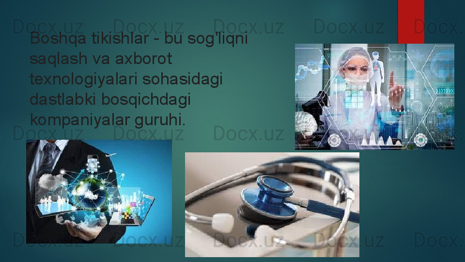 Boshqa tikishlar - bu sog'liqni 
saqlash va axborot 
texnologiyalari sohasidagi 
dastlabki bosqichdagi 
kompaniyalar guruhi.
