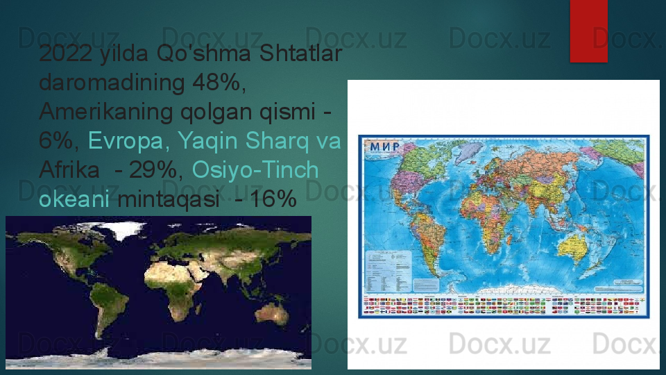 2022 yilda Qo'shma Shtatlar 
daromadining 48%, 
Amerikaning qolgan qismi - 
6%,  Evropa ,  Yaqin   Sharq   va  
Afrika  	
 - 29%,	  Osiyo-Tinch  
okeani   mintaqasi  	
 - 16%   