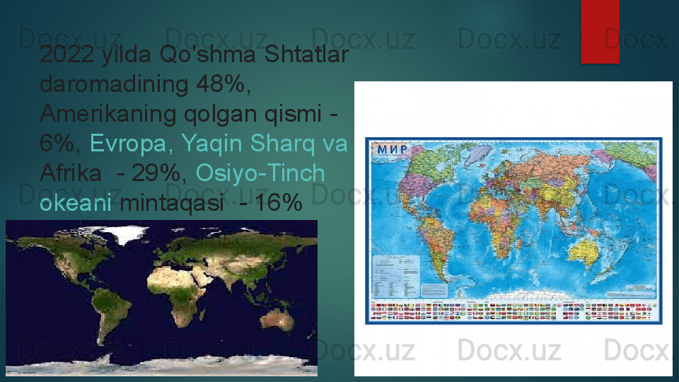 2022 yilda Qo'shma Shtatlar 
daromadining 48%, 
Amerikaning qolgan qismi - 
6%,  Evropa ,  Yaqin   Sharq   va  
Afrika  	
 - 29%,	  Osiyo-Tinch  
okeani   mintaqasi  	
 - 16%
