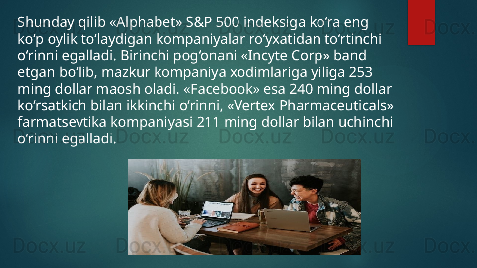 Shunday qilib «Alphabet» S&P 500 indeksiga ko‘ra eng 
ko‘p oylik to‘laydigan kompaniyalar ro‘yxatidan to‘rtinchi 
o‘rinni egalladi. Birinchi pog‘onani «Incyte Corp» band 
etgan bo‘lib, mazkur kompaniya xodimlariga yiliga 253 
ming dollar maosh oladi. «Facebook» esa 240 ming dollar 
ko‘rsatkich bilan ikkinchi o‘rinni, «Vertex Pharmaceuticals» 
farmatsevtika kompaniyasi 211 ming dollar bilan uchinchi 
o‘rinni egalladi.   