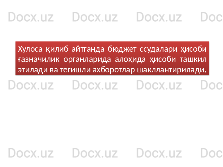 Хулоса  қилиб  айтганда  бюджет  ссудалари  ҳисоби 
ғазначилик  органларида  алоҳида  ҳисоби  ташкил 
этилади ва тегишли ахборотлар шакллантирилади.  