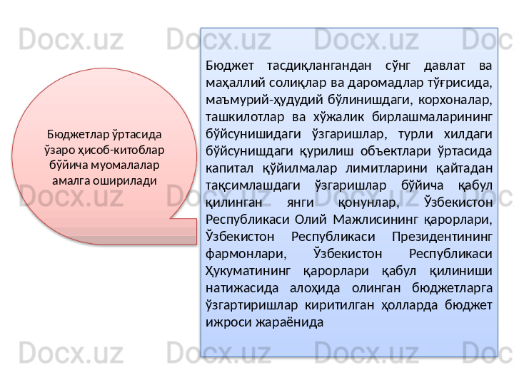 Бюджетлар ўртасида 
ўзаро ҳисоб-китоблар 
бўйича муомалалар 
амалга оширилади Бюджет  тасдиқлангандан  сўнг  давлат  ва 
маҳаллий солиқлар ва даромадлар тўғрисида, 
маъмурий-ҳудудий  бўлинишдаги,  корхоналар, 
ташкилотлар  ва  хўжалик  бирлашмаларининг 
бўйсунишидаги  ўзгаришлар,  турли  хилдаги 
бўйсунишдаги  қурилиш  объектлари  ўртасида 
капитал  қўйилмалар  лимитларини  қайтадан 
тақсимлашдаги  ўзгаришлар  бўйича  қабул 
қилинган  янги  қонунлар,  Ўзбекистон 
Республикаси  Олий  Мажлисининг  қарорлари, 
Ўзбекистон  Республикаси  Президентининг 
фармонлари,  Ўзбекистон  Республикаси 
Ҳукуматининг  қарорлари  қабул  қилиниши 
натижасида  алоҳида  олинган  бюджетларга 
ўзгартиришлар  киритилган  ҳолларда  бюджет 
ижроси жараёнида   