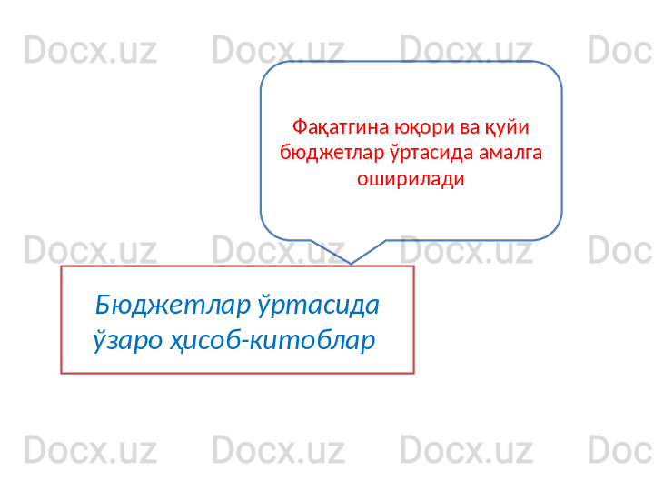 Фақатгина юқори ва қуйи 
бюджетлар ўртасида амалга 
оширилади
Бюджетлар ўртасида 
ўзаро ҳисоб-китоблар  