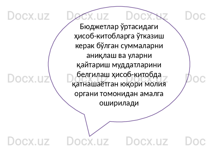 Бюджетлар ўртасидаги 
ҳисоб-китобларга ўтказиш 
керак бўлган суммаларни 
аниқлаш ва уларни 
қайтариш муддатларини 
белгилаш ҳисоб-китобда 
қатнашаётган юқори молия 
органи томонидан амалга 
оширилади 