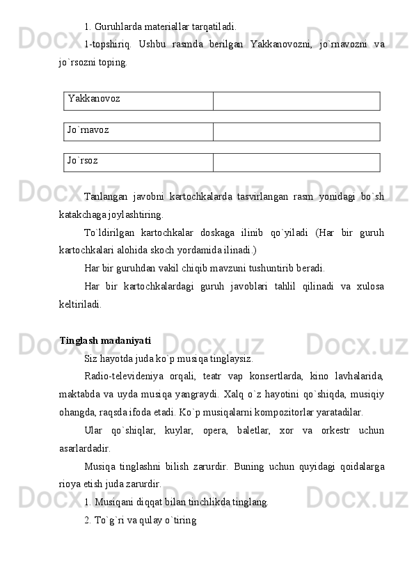 1. Guruhlarda materiallar tarqatiladi.
1-topshiriq.   Ushbu   rasmda   berilgan   Yakkanovozni,   jo`rnavozni   va
jo`rsozni toping.
Yakkanovoz
Jo`rnavoz
Jo`rsoz
Tanlangan   javobni   kartochkalarda   tasvirlangan   rasm   yonidagi   bo`sh
katakchaga joylashtiring.
To`ldirilgan   kartochkalar   doskaga   ilinib   qo`yiladi   (Har   bir   guruh
kartochkalari alohida skoch yordamida ilinadi.)
Har bir guruhdan vakil chiqib mavzuni tushuntirib beradi. 
Har   bir   kartochkalardagi   guruh   javoblari   tahlil   qilinadi   va   xulosa
keltiriladi.
Tinglash madaniyati
S iz hayotda juda ko`p musiqa tinglay s iz.
Radio-televideniya   orqali,   teatr   vap   konsertlarda,   kino   lavhalarida,
maktabda   va   uyda   musiqa   yangraydi.   Xalq   o`z   hayotini   qo`shiqda,   musiqiy
ohangda, raqsda ifoda etadi. Ko`p musiqalarni kompozitorlar yaratadilar.
Ular   qo`shiqlar,   kuylar,   opera,   baletlar,   xor   va   orkestr   uchun
asarlardadir.
Musiqa   tinglashni   bilish   zarurdir.   Buning   uchun   quyidagi   qoidalarga
rioya etish juda zarurdir.
1. Musiqani diqqat bilan tinchlikda tinglang.
2. To`g`ri va qulay o`tiring 