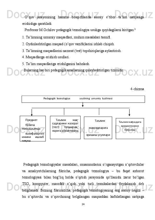   O’quv   jarayonining   hamma   bosqichlarida   asosiy   e’tibor   ta’lim   natijasiga
erishishga qaratiladi. 
   Professor M.Ochilov pedagogik texnologiya usuliga quyidagilarni kiritgan: 1
 
1. Ta’limning umumiy maqsadlari, muhim masalalari tasnifi. 
2. Oydinlashtirilgan maqsad (o’quv vazifa)larini ishlab chiqish. 
3. Ta’limning maqsadlarini nazorat (test) topshiriqlariga aylantirish. 
4. Maqsadlarga erishish usullari. 
5. Ta’lim maqsadlariga erishilganini baholash. 
  Bularning har biri pedagogik amallarning qulaylashtirilgan tizimidir.                 
  4-chizma 
 
 
   
   
  Pedagogik   texnologiyalar   masalalari,   muammolarini   o’rganayotgan   o’qituvchilar
va   amaliyotchilarning   fikricha,   pedagogik   texnologiya   –   bu   faqat   axborot
texnologiyasi   bilan   bog’liq   holda   o’qitish   jarayonida   qo’llanishi   zarur   bo’lgan
TSO,   kompyuter,   masofali   o’qish   yoki   turli   texnikalardan   foydalanish   deb
belgilanadi.   Bizning   fikrimizcha,   pedagogik   texnologiyaning   eng   asosiy   negizi   –
bu   o’qituvchi   va   o’quvchining   belgilangan   maqsaddan   kafolatlangan   natijaga
24  
  Pedagogik  texnologiya   usulining  umumiy  tuzilmasi  
 
 
 
 
 
  Предмет      
бўйича 
мақсад  ҳ амда  
вазифалартиз
имини  
ишлаб 
чиқиш   Таълим    мақ -
садларини  назорат 
топшириқ( тест)  -
ларига айлантириш   Таълим  
мақсадларига  
эришиш усуллари   Таълим ма қ
садига 
эришилганини 
ба ҳ олаш   