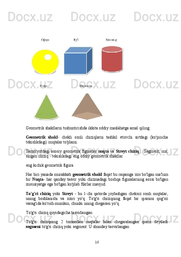 Geometrik shakllarni tushuntirishda ikkita oddiy maslahatga amal qiling:
Geometrik   shakl -   chekli   sonli   chiziqlarni   tashkil   etuvchi   sirtdagi   (ko'pincha
tekislikdagi) nuqtalar to'plami.
Samolyotdagi  asosiy  geometrik figuralar   nuqta   va   Streyt   chiziq ... Segment, nur,
singan chiziq - tekislikdagi eng oddiy geometrik shakllar.
eng kichik geometrik figura.
Har biri yanada murakkab   geometrik shakl   faqat bu raqamga xos bo'lgan ma'lum
bir   Nuqta -  har  qanday  tasvir   yoki  chizmadagi   boshqa   figuralarning  asosi  bo'lgan
xususiyatga ega bo'lgan ko'plab fikrlar mavjud.
To'g'ri   chiziq   yoki   Streyt   -   bu   1-chi   qatorda   joylashgan   cheksiz   sonli   nuqtalar,
uning   boshlanishi   va   oxiri   yo'q.   To'g'ri   chiziqning   faqat   bir   qismini   qog'oz
varag'ida ko'rish mumkin, chunki uning chegarasi yo'q.
To'g'ri chiziq quyidagicha tasvirlangan:
To'g'ri   chiziqning   2   tomondan   nuqtalar   bilan   chegaralangan   qismi   deyiladi
segment  to'g'ri chiziq yoki segment. U shunday tasvirlangan:
16 