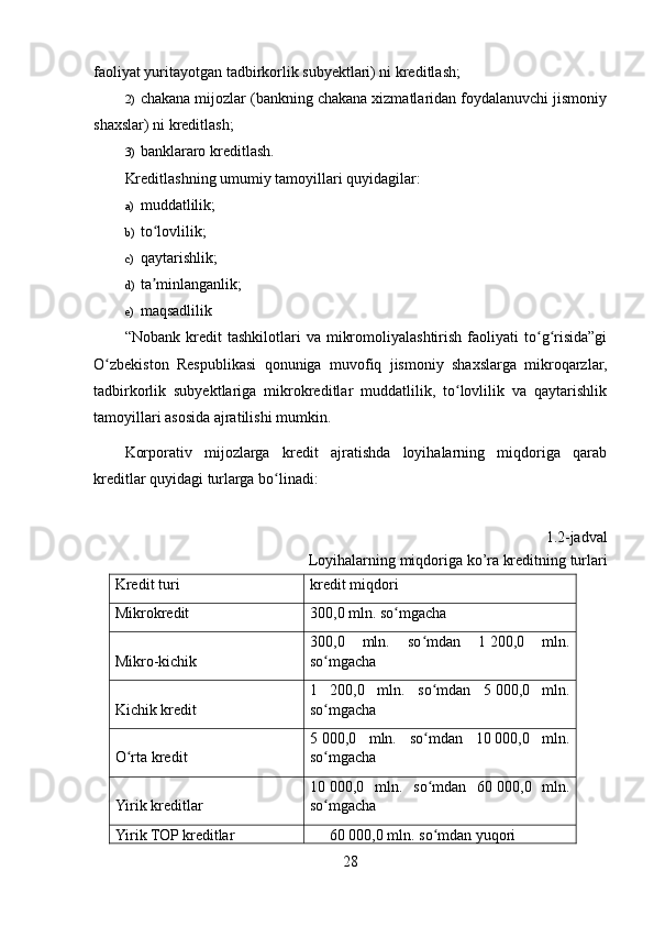 faoliyat yuritayotgan tadbirkorlik subyektlari) ni kreditlash; 
2) chakana mijozlar (bankning chakana xizmatlaridan foydalanuvchi jismoniy
shaxslar) ni kreditlash;
3) banklararo kreditlash. 
Kreditlashning umumiy tamoyillari quyidagilar:
a) muddatlilik;
b) to lovlilik;ʻ
c) qaytarishlik;
d) ta minlanganlik;
ʼ
e) maqsadlilik 
“Nobank   kredit   tashkilotlari   va   mikromoliyalashtirish   faoliyati   to g risida”gi	
ʻ ʻ
O zbekiston   Respublikasi   qonuniga   muvofiq   jismoniy   shaxslarga   mikroqarzlar,	
ʻ
tadbirkorlik   subyektlariga   mikrokreditlar   muddatlilik,   to lovlilik   va   qaytarishlik	
ʻ
tamoyillari asosida ajratilishi mumkin. 
Korporativ   mijozlarga   kredit   ajratishda   loyihalarning   miqdoriga   qarab
kreditlar quyidagi turlarga bo linadi:	
ʻ
1.2-jadval
Loyihalarning miqdoriga ko’ra kreditning turlari
Kredit turi kredit miqdori
Mikrokredit 300,0 mln. so mgacha	
ʻ
Mikro-kichik 300,0   mln.   so mdan   1	
ʻ   200,0   mln.
so mgacha	
ʻ
Kichik kredit 1   200,0   mln.   so mdan   5	
ʻ   000,0   mln.
so mgacha	
ʻ
O rta kredit	
ʻ 5   000,0   mln.   so mdan   10	
ʻ   000,0   mln.
so mgacha	
ʻ
Yirik kreditlar 10   000,0   mln.   so mdan   60	
ʻ   000,0   mln.
so mgacha	
ʻ
Yirik TOP kreditlar 60 000,0 mln. so mdan yuqori	
ʻ
28 