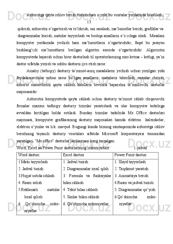 Axborotga qayta ishlov berish tushunchasi u yoki bu vositalar yordamida hisoblash,
                                                           13     
 qidirish, axborotni o‘zgartirish va to‘ldirish, uni saralash, ma’lumotlar berish, grafiklar va
  diagrammalar kurish, matnlar tayyorlash va boshqa amallarni o‘z ichiga oladi.   Masalani
kompyuter   yordamida   yechish   ham   ma’lumotlarni   o‘zgartirishdir,   faqat   bu   jarayon
boshlang‘ich   ma’lumotlarni   berilgan   algoritm   asosida   o‘zgartirishdir.   Algorimtni
kompyuterda bajarish uchun biror dasturlash til operatorlarining mos ketma – ketligi, ya’ni
dastur sifatida yozish va ushbu dasturni ijro etish zarur. 
Amaliy   (tatbiqiy)   dasturiy   ta’minot–aniq   masalalarni   yechish   uchun   yozilgan   yoki
foydalanuvchilar   uchun   zarur   bo‘lgan   amallarni:   matnlarni   tahrirlash,   rasmlar   chizish,
axborot   massivlarini   qayta   ishlash   kabilarni   bevosita   bajarishni   ta’minlovchi   dasturlar
majmuasidir.
Axborotni   kompyuterda   qayta   ishlash   uchun   dasturiy   ta’minot   ishlab   chiqaruvchi
firmalar   maxsus   tadbiqiy   dasturiy   tizimlar   yaratishadi   va   ular   kompyuter   tarkibiga
avvaldan   kiritilgan   holda   sotiladi.   Bunday   tizimlar   tarkibida   Ms   Office   dasturlari
majmuasi,   kompyuter   grafikasining   dasturiy   majmualari   hamda   elektron     kalendarlar,
elektron o‘yinlar va h.k. mavjud. Bugungi kunda bizning mintaqamizda axborotga ishlov
berishning   tayanch   dasturiy   vositalari   sifatida   Microsoft   korporatsiyasi   tomonidan
yaratilgan. “Ms office” dasturlar jamlanmasi keng tarqalgan.
Word, Excel ва Power Point dasturlarining imkoniyatlari                         1-jadval
Word dasturi Excel dasturi Power Point dasturi
1.Matn tayyorlash
2. Jadval tuzish
3.Hujjat ustida ishlash
4. Rasm solish
5.Reklamali   matnlar
hosil qilish
6   Qo‘shimcha   imko-
niyatlar  1. Jadval tuzish
2. Diagrammalar xosil qilsh 
3.   Formula   va   funksiyalar
bilan ishlash
4. Tekst bilan ishlash 
5. Sonlar bilan ishlash
6 . Qo‘shimcha imkoniyatlar 1. Slayd tayyorlash 
2. Taqdimot yaratish
3. Animatsiya berish
4.Rasm va jadval tuzish.
5. Diagrammalar qo‘yish
6.Qo‘shimcha   imko-
niyatlar
                                                                               
