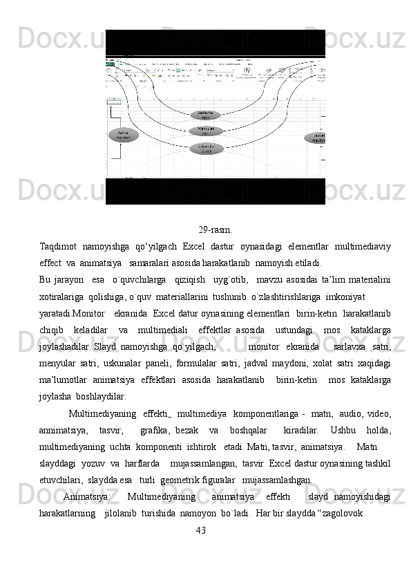 29-rasm.
Taqdimot   namoyishga   qo‘yilgach   Excel   dastur   oynasidagi   elementlar   multimediaviy
effect  va  animatsiya   samaralari asosida harakatlanib  namoyish etiladi . 
Bu   jarayon     esa     o`quvchilarga     qiziqish     uyg`otib,     mavzu   asosidai   ta’lim   materialini
xotiralariga  qolishiga, o`quv  materiallarini  tushunib  o`zlashtirishlariga  imkoniyat
yaratadi.Monitor     ekranida   Excel datur oynasining elementlari   birin-ketin   harakatlanib
chiqib     keladilar     va     multimediali     effektlar   asosida     ustundagi     mos     kataklarga
joylashadilar. Slayd  namoyishga  qo`yilgach,     monitor   ekranida     sarlavxa   satri,
menyular   satri,   uskunalar   paneli,   formulalar   satri,   jadval   maydoni,   xolat   satri   xaqidagi
ma’lumotlar   animatsiya   effektlari   asosida   harakatlanib     birin-ketin     mos   kataklarga
joylasha  boshlaydilar. 
                  Multimediyaning   effekti      multimediya   komponentlariga -   matn,   audio, video,
annimatsiya,     tasvir,       grafika,   bezak     va     boshqalar       kiradilar.     Ushbu     holda,
multimediyaning  uchta  komponenti  ishtirok   etadi. Matn, tasvir,  animatsiya. Matn
slayddagi  yozuv  va  harflarda    mujassamlangan,  tasvir  Excel dastur oynasining tashkil
etuvchilari,  slaydda esa   turli  geometrik figuralar   mujassamlashgan.  
Animatsiya:       Multimediyaning       animatsiya     effekti       slayd   namoyishidagi
harakatlarning    jilolanib  turishida  namoyon  bo`ladi.   Har bir slaydda “zagolovok
                                                                 4 3                    
                                                                               
