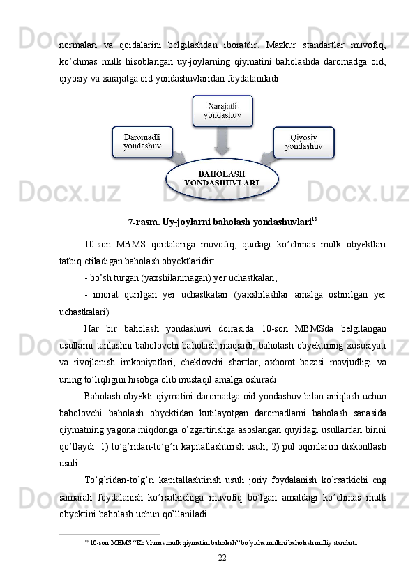 22normalari   va   qoidalarini   belgilashdan   iboratdir.   Mazkur   standartlar   muvofiq,
ko’chmas   mulk   hisoblangan   uy-joylarning   qiymatini   baholashda   daromadga   oid,
qiyosiy va xarajatga oid yondashuvlaridan foydalaniladi.
7- rasm.   Uy-joylarni   baholash   yondashuvlari 18
10-son   MBMS   qoidalariga   muvofiq,   quidagi   ko’chmas   mulk   obyektlari
tatbiq etiladigan baholash obyektlaridir:
- bo’sh   turgan   (yaxshilanmagan)   yer   uchastkalari;
- imorat   qurilgan   yer   uchastkalari   (yaxshilashlar   amalga   oshirilgan   yer
uchastkalari).
Har   bir   baholash   yondashuvi   doirasida   10-son   MBMSda   belgilangan
usullarni tanlashni  baholovchi  baholash maqsadi, baholash  obyektining xususiyati
va   rivojlanish   imkoniyatlari,   cheklovchi   shartlar,   axborot   bazasi   mavjudligi   va
uning to’liqligini hisobga olib mustaqil amalga oshiradi.
Baholash obyekti qiymatini daromadga oid yondashuv bilan aniqlash uchun
baholovchi   baholash   obyektidan   kutilayotgan   daromadlarni   baholash   sanasida
qiymatning yagona miqdoriga o’zgartirishga asoslangan quyidagi usullardan birini
qo’llaydi: 1) to’g’ridan-to’g’ri kapitallashtirish usuli; 2) pul oqimlarini diskontlash
usuli.
To’g’ridan-to’g’ri   kapitallashtirish   usuli   joriy   foydalanish   ko’rsatkichi   eng
samarali   foydalanish   ko’rsatkichiga   muvofiq   bo’lgan   amaldagi   ko’chmas   mulk
obyektini baholash uchun qo’llaniladi.
18  
10-son   MBMS   “Ko’chmas   mulk   qiymatini   baholash”   bo’yicha   mulkni   baholash   milliy   standarti 