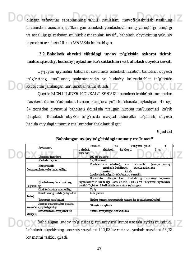 42olingan   tafovutlar   sabablarining   tahlili,   natijalarni   muvofiqlashtirish   usulining
tanlanishini asoslash, qo’llanilgan baholash yondashuvlarining yaroqliligi, aniqligi
va asosliligiga nisbatan muhimlik mezonlari tavsifi, baholash obyektining yakuniy
qiymatini aniqlash 10-son MBMSda ko’rsatilgan.
2.2. Baholash   obyekti   sifatidagi   uy-joy   to’g’risida   axborot   tizimi:
makroiqtisodiy,   hududiy   joylashuv   ko’rsatkichlari   va   baholash   obyekti   tavsifi
Uy-joylar  qiymatini  baholash davomida baholash hisoboti  baholash obyekti
to’g’risidagi   ma’lumot,   makroiqtisodiy   va   hududiy   ko’rsatkichlar   to’g’risida
axborotlar jamlangan ma’lumotlar tahlil etiladi.
Quyida   MCHJ   “LIDER   KONSALT SERVIS”   baholash   tashkiloti   tomonidan
Tashkent   shahri   Yashnobod   tumani,   Farg’ona   yo’li   ko’chasida   joylashgan  45   uy,
24   xonadon   qiymatini   baholash   doiraisda   tuzilgan   hisobot   ma’lumotlari   ko’rib
chiqiladi.   Baholash   obyekti   to’g’risida   mavjud   axborotlar   to’planib,   obyekti
haqida quyidagi umumiy ma’lumotlar shakllantirilgan:
5- jadval
Baholangan   uy-joy   to’g’risidagi   umumiy   ma’lumot 31
Joylashuvi Toshken
t   shahri, 
xonadon. Ya
shnobod, Farg’ona	
  yo'li	 
ko’chasi, 4
5	
  uy, 2
4-
Umumiy   maydoni 100,08   kv.metr
Yashah   maydoni 65,28   kv.metr
Muhandislik  
kommunikatsiyalari  mavjudligi Elektrlashtirish (shahar), suv ta’minoti (issiq va sovuq
-  markazlashtirilgan), kanalizatsiya, gaz
ta'minoti, isitish
(markazlashtirilgan),   telefonlarni   o'rnatish
Qurilish   maydonchasining  
seysmikligi O'zbekiston   Respublikasi   hududining   umumiy   seysmik
rayonlashtirish   xaritasiga   ko'ra   (KMK   2.01.03-96   “Seysmik   rayonlarda
qurilish”), bino   8 ball zilzila zonasida joylashgan
Cheklovlarning   mavjudligi Yo’q
Kvartiraning   holati   (subyektiv  
baho) Juda   yaxshi
Transport   xavfsizligi Shahar   jamoat   transportida   xizmat   ko’rsatiladigan   hudud
Jamoat   transportidan   qancha 
masofada  joylashganligi 50   metr   uzoqlikda
Infratuzilmani   rivojlantirish  
darajasi Yaxshi   rivojlangan   infratuzilma
Baholangan uy-joy to’g’risidagi umumiy ma’lumot asosida aytish muminki,
baholash obyektining umumiy maydoni 100,08 kv.metr va yashah maydoni 65,28
kv.metrni tashkil qiladi. 