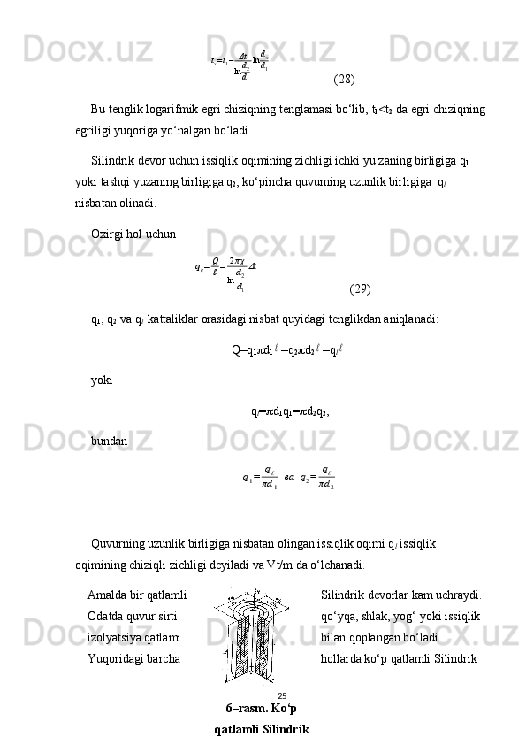 tx=t1−	Δt
lnd2d1
lndx
d1(28)
Bu tenglik logarifmik egri chiziqning tenglamasi bo‘lib,  t
1 < t
2  da egri chiziqning 
egriligi yuqoriga yo‘nalgan bo‘ladi.
Silindrik   devor   uchun   issiqlik   oqimining   zichligi   ichki   yu   zaning   birligiga   q
1  
yoki   tashqi   yuzaning   birligiga   q
2 ,  ko ‘ pincha   quvurning   uzunlik   birligiga    q
l   
nisbatan   olinadi .
Oxirgi   hol   uchun  	
qe=Q
ℓ=	2πχ
lnd2
d1
Δt
(29)
q
1 ,  q
2   va   q
l     kattaliklar   orasidagi   nisbat   quyidagi   tenglikdan   aniqlanadi :
Q=q
1  d
1	
ℓ =q
2  d
2	ℓ =q
l	ℓ .
yoki 
q
l =  d
1 q
1 =  d
2 q
2 ,
bundan 	
q1=	qℓ	
πd	1	
ва	q2=	qℓ	
πd	2
Quvurning uzunlik birligiga nisbatan olingan issiqlik oqimi q
l  issiqlik 
oqimining chiziqli zichligi deyiladi va Vt/m da o‘lchanadi.
Amalda bir qatlamli Silindrik devorlar kam uchraydi. 
Odatda quvur sirti qo‘yqa, shlak, yog‘ yoki issiqlik 
izolyatsiya qatlami bilan qoplangan bo‘ladi. 
Yuqoridagi barcha hollarda ko‘p qatlamli Silindrik 
25
6–rasm. Ko‘p
qatlamli Silindrik
devor. 