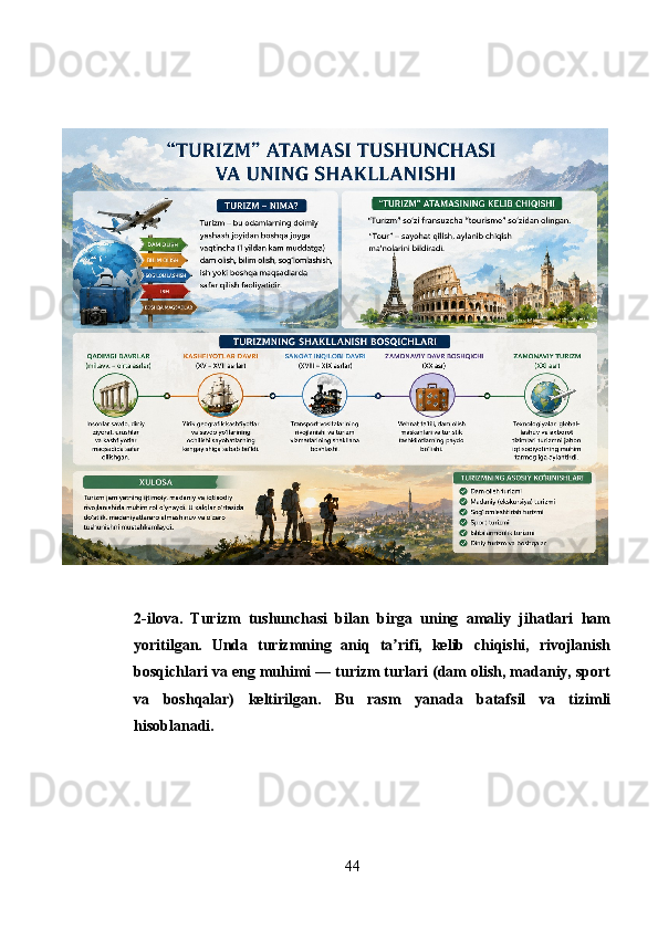 2-ilova.   Turizm   tushunchasi   bilan   birga   uning   amaliy   jihatlari   ham
yoritilgan.   Unda   turizmning   aniq   ta rifi,   kelib   chiqishi,   rivojlanishʼ
bosqichlari va eng muhimi — turizm turlari (dam olish, madaniy, sport
va   boshqalar)   keltirilgan.   Bu   rasm   yanada   batafsil   va   tizimli
hisoblanadi.
       
44 