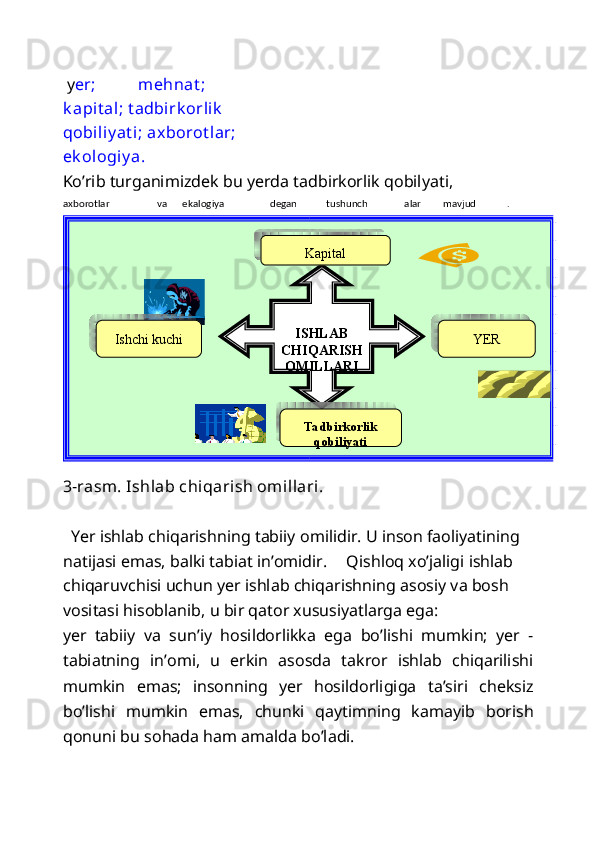  y er;   mehnat ; 
k apit al; t adbirk orlik  
qobiliy at i; axborot lar; 
ek ologiy a. 
Ko’rib turganimizdek bu yerda tadbirkorlik qobilyati, 
3-rasm. Ishlab chiqarish omillari.  
  
   Yer ishlab chiqarishning tabiiy omilidir. U inson faoliyatining 
natijasi emas, balki tabiat in’omidir.  Qishloq xo’jaligi ishlab 
chiqaruvchisi uchun yer ishlab chiqarishning asosiy va bosh 
vositasi hisoblanib, u bir qator xususiyatlarga ega: 
yer   tabiiy   va   sun’iy   hosildorlikka   ega   bo’lishi   mumkin;   yer   -
tabiatning   in’omi,   u   erkin   asosda   takror   ishlab   chiqarilishi
mumkin   emas;   insonning   yer   hosildorligiga   ta’siri   cheksiz
bo’lishi   mumkin   emas,   chunki   qaytimning   kamayib   borish
qonuni bu sohada ham amalda bo’ladi.  axborotlar   va   ekalogiya   degan   tushunch alar   mavjud .   
   
ISHLAB 
CHIQA RISH 
OMILLARI  Ishchi kuchi   Kapital  
Y Е R  
Tadbirkorlik 
qobiliyati     