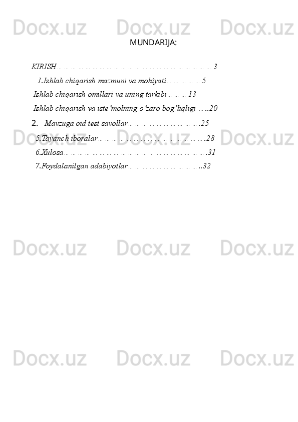 MUNDARIJA:
 
KIRISH…………………………………………………………3 
   1.Ishlab chiqarish mazmuni va mohiyati……………5 
 Ishlab chiqarish omillari va uning tarkibi………13 
 Ishlab chiqarish va iste’molning o’zaro bog’liqligi …..20 
2. Mavzuga oid test savollar………………………….25 
  5.Tayanch iboralar……………………………………….28 
  6.Xulosa…………………………………………………….31 
  7.Foydalan ilgan adabiyotlar…………………………..32 
                 