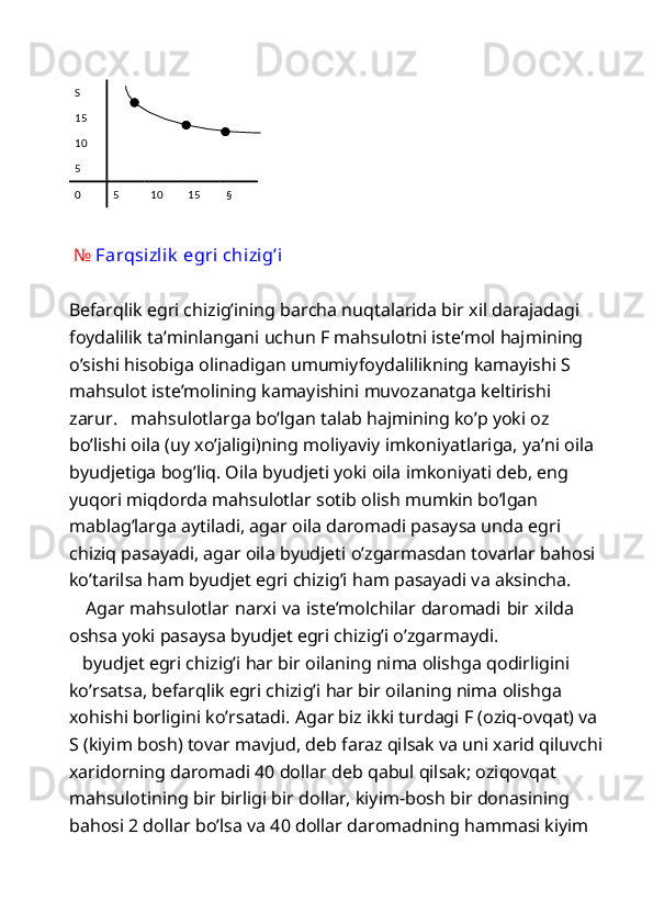  
  №  Farqsizlik  egri chizig’i 
 
Befarqlik egri chizig’ining barcha nuqtalarida bir xil darajadagi 
foydalilik ta’minlangani uchun F mahsulotni iste’mol hajmining 
o’sishi hisobiga olinadigan umumiyfoydalilikning kamayishi S 
mahsulot iste’molining kamayishini muvozanatga keltirishi 
zarur.   mahsulotlarga bo’lgan talab hajmining ko’p yoki oz 
bo’lishi oila (uy xo’jaligi)ning moliyaviy imkoniyatlariga, ya’ni oila 
byudjetiga bog’liq. Oila byudjeti yoki oila imkoniyati deb, eng 
yuqori miqdorda mahsulotlar sotib olish mumkin bo’lgan 
mablag’larga aytiladi, agar oila daromadi pasaysa unda egri 
chiziq pasayadi, agar oila byudjeti o’zgarmasdan tovarlar bahosi 
ko’tarilsa ham byudjet egri chizig’i ham pasayadi va aksincha. 
     Agar mahsulotlar narxi va iste’molchilar daromadi bir xilda
oshsa yoki pasaysa byudjet egri chizig’i o’zgarmaydi. 
   byudjet egri chizig’i har bir oilaning nima olishga qodirligini 
ko’rsatsa, befarqlik egri chizig’i har bir oilaning nima olishga 
xohishi borligini ko’rsatadi. Agar biz ikki turdagi F (oziq-ovqat) va 
S (kiyim bosh) tovar mavjud, deb faraz qilsak va uni xarid qiluvchi
xaridorning daromadi 40 dollar deb qabul qilsak; oziqovqat 
mahsulotining bir birligi bir dollar, kiyim-bosh bir donasining 
bahosi 2 dollar bo’lsa va 40 dollar daromadning hammasi kiyim  S          
15          
10          
5          
0   5   10   15   §   